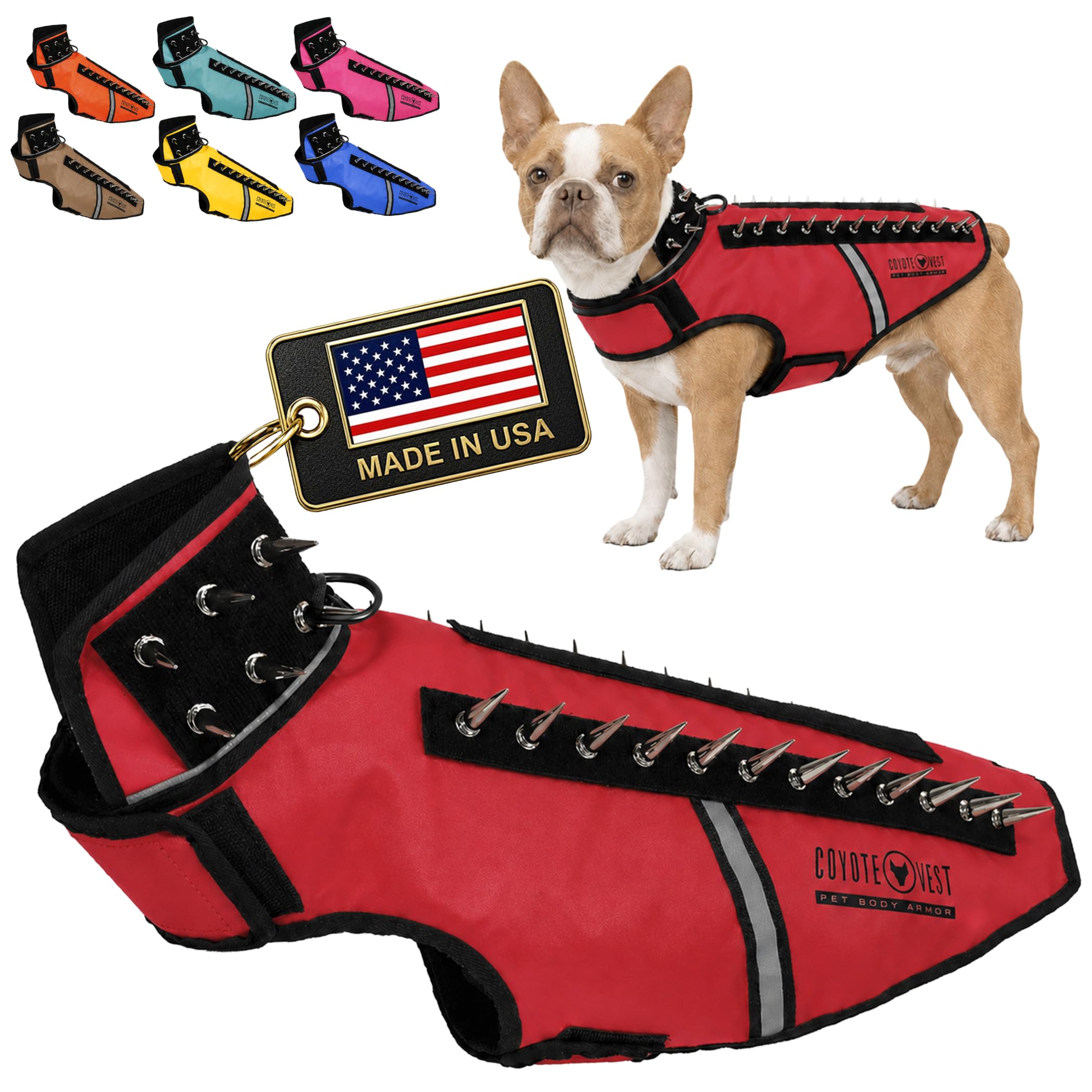 CoyoteVest SpikeVest Hundegeschirr Weste Reflektierendes Hundezubehör mit Spikes zum Schutz Ihres Haustieres vor Raptor und Tierangriffen Klettlaschen für schnelles Tragen und Entfernen (Medium Rot)