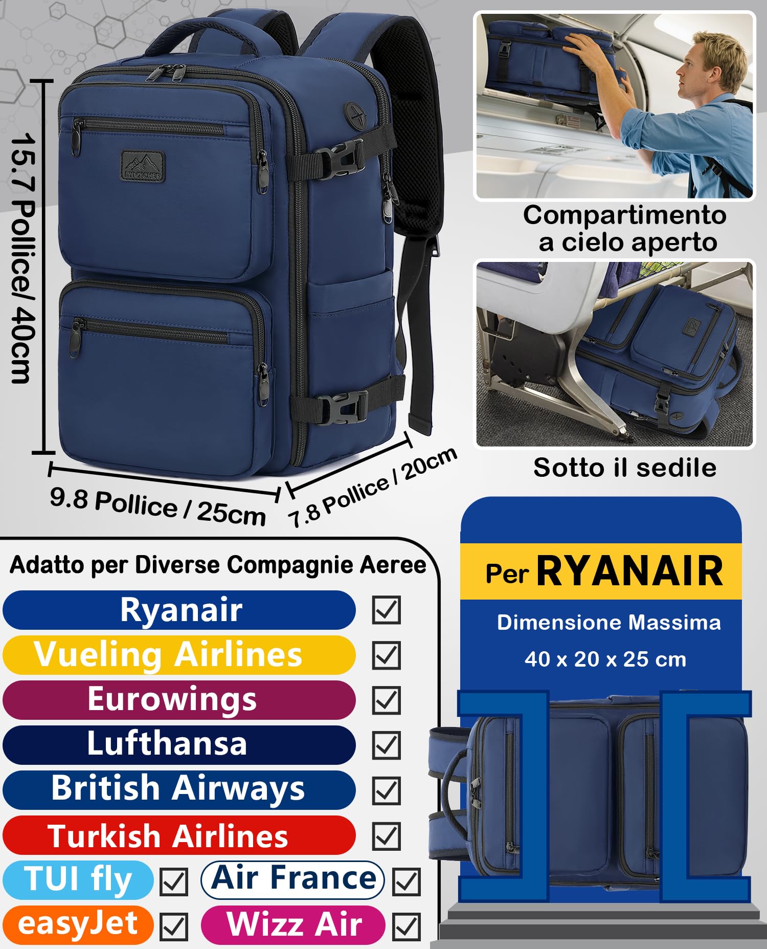 LYNXCHER Zaino Ryanair 40x20x25 da Viaggio Aereo Bagaglio a Mano 20L per Uomo e Donna Borsa da Cabina 14 Pollici Porta PC Blu Scuro