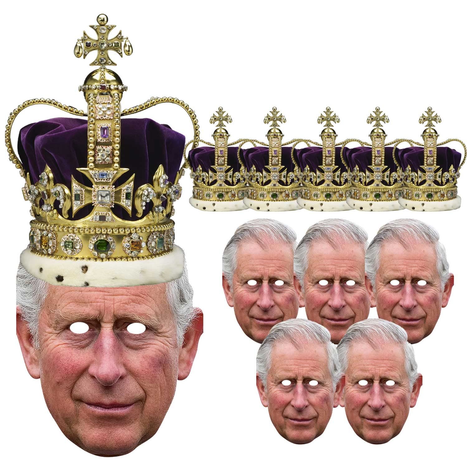 FoxyPrinting GUARANTEED BEFORE JUBILEE 5 King Charles Mask + Crowns Royal Family Celebrity Cardboard Party Face Mask Fancy Dress (20 x Pack Masks + Crowns)