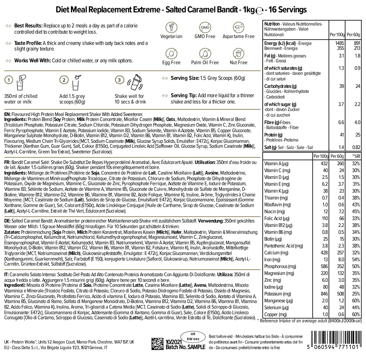 Protein Works | Diet Meal 360 – PLATINUM Innovation, Shake Sostitutivo Pasti Dietetico, Perdita Peso, 26 Vitamine & Minerali, Semi Di Lino, Inulina, Omega‑3, Caramello Salato Intenso, 16 Pasti, 1kg