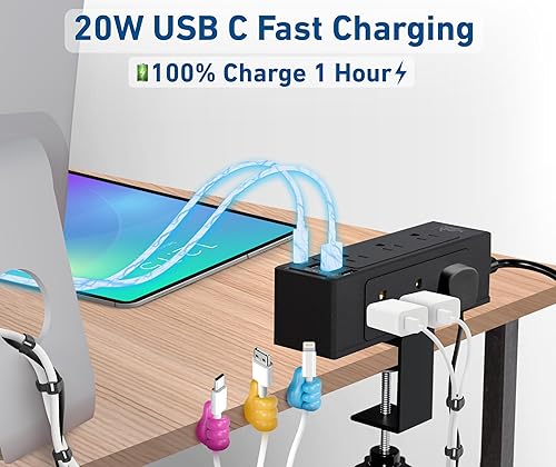 Miniatura 7 de Regleta de alimentación con abrazadera de escritorio con USB C (20 W PD) y USB A, 9 salidas de CA, protector de sobretensiones, enchufe plano, cable