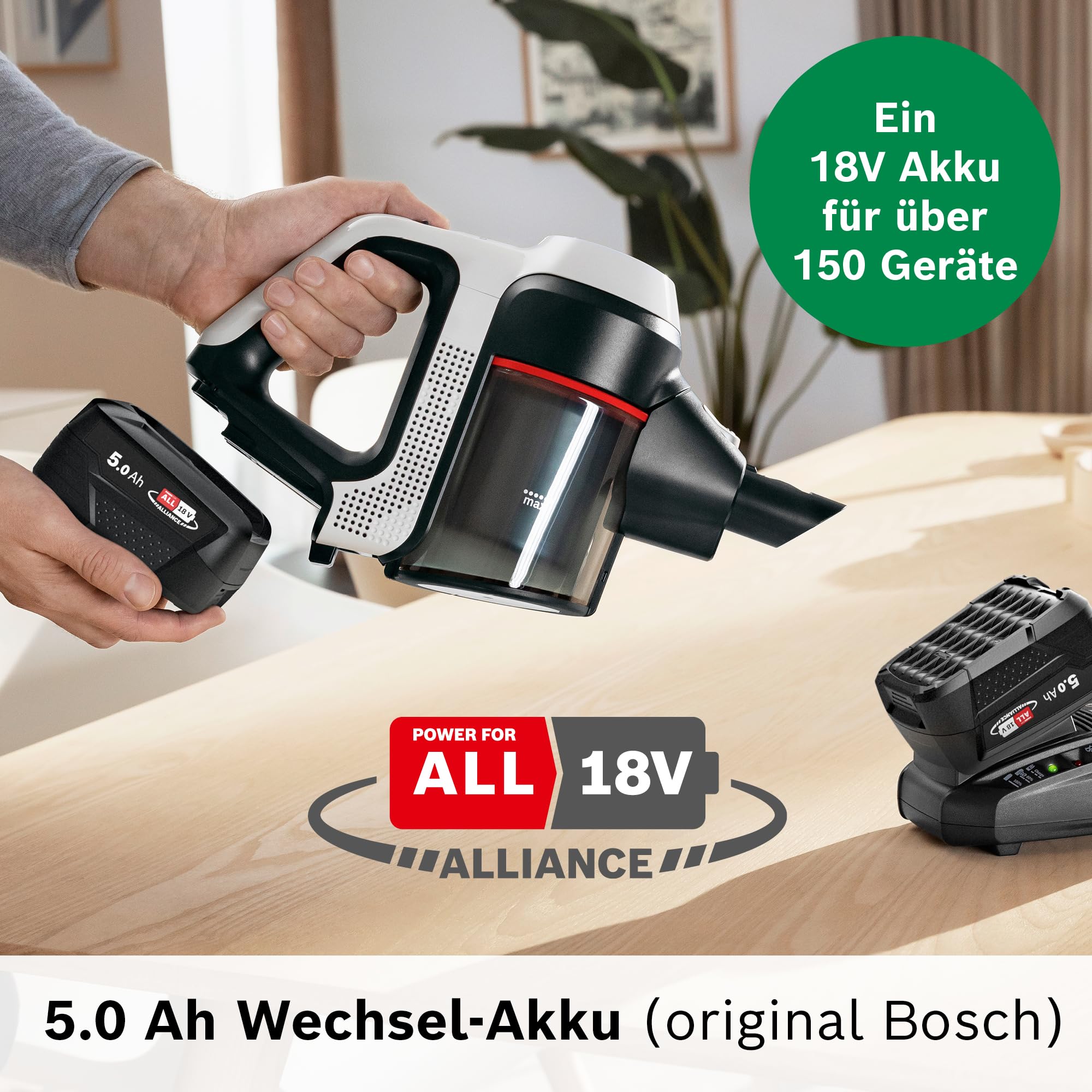 Bosch Wechselakku Power for All 18V 5.0Ah BHZUB1850, geeignet für alle kabellosen Unlimited Akku-Staubsauger, extra Lange Laufzeit, hohe Leistung, geeignet für anspruchsvolle Reinigungen, schwarz