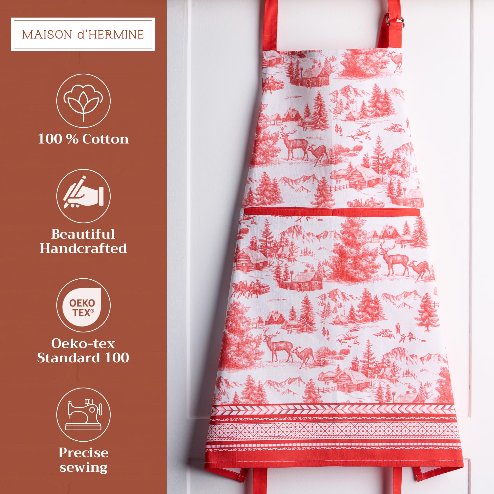 Maison d'Hermione - Delantal de cocina de 100% algodón con cuello ajustable y bolsillo central, corbatas largas para hombre y mujer, para cocinar, Acción de Gracias y Navidad, Winter Joui, 70 x 85 CM