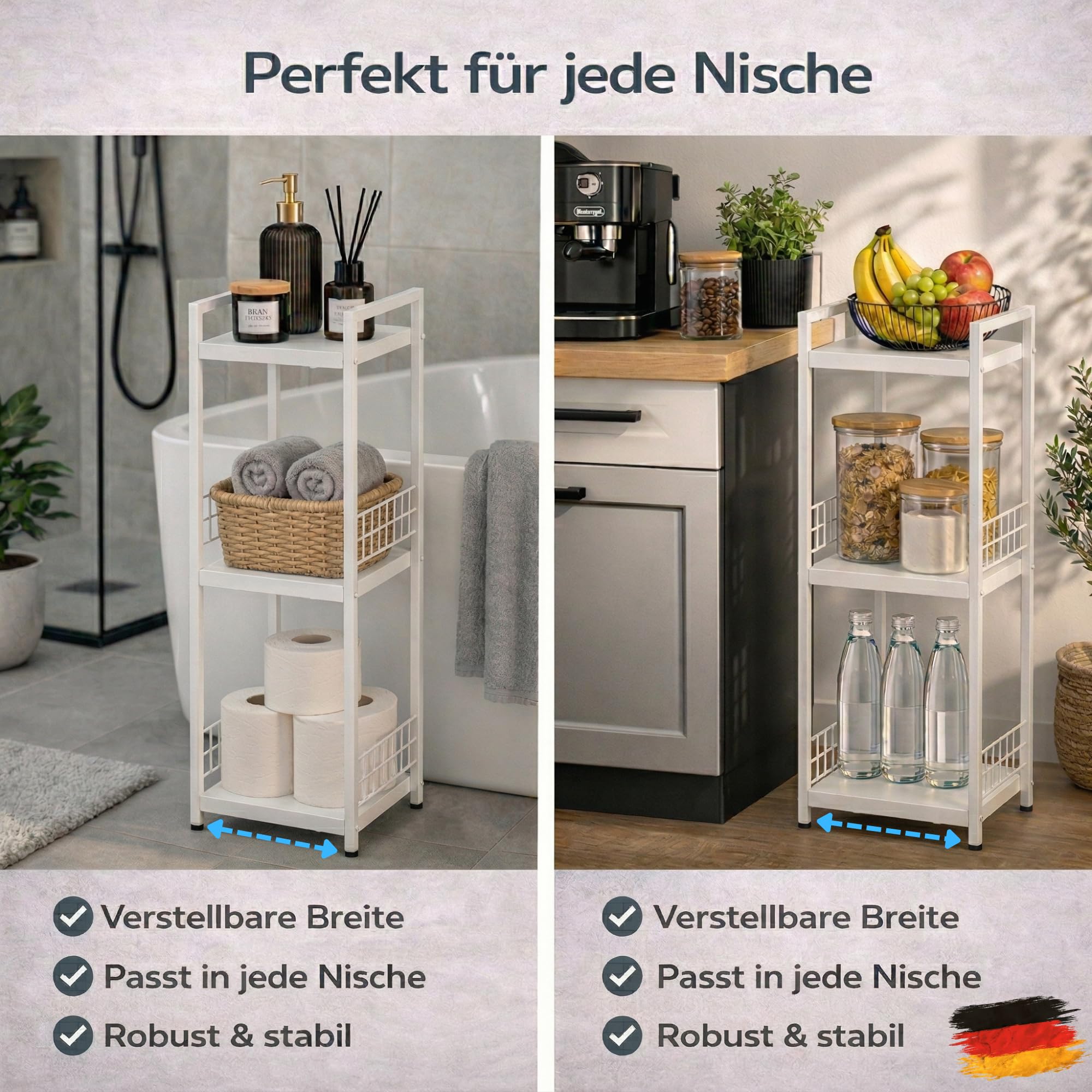 Verstellbares Nischenregal Metall – 21–32,5 cm ausziehbar – Schmales Badregal 3 Ebenen – Freistehend für Bad, Küche, Waschmaschine & Abstellraum – 60 kg belastbar