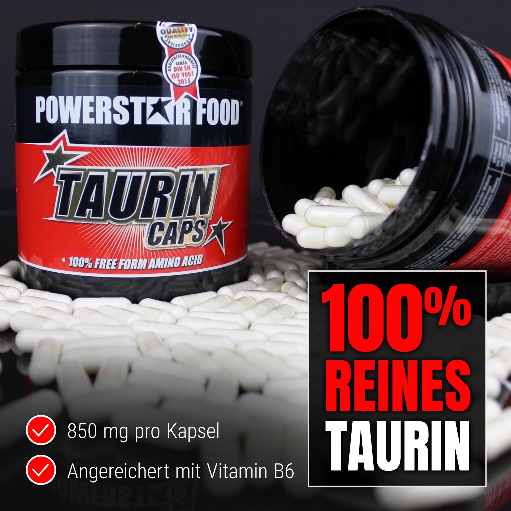 Powerstar TAURIN CAPS | 300 Kapseln HOCHDOSIERT mit 3400mg reinem Taurin pro Portion | Angereichert mit Cofaktor Vitamin B6 | Rohstoffe in Pharmaqualität | Deutsche Herstellung