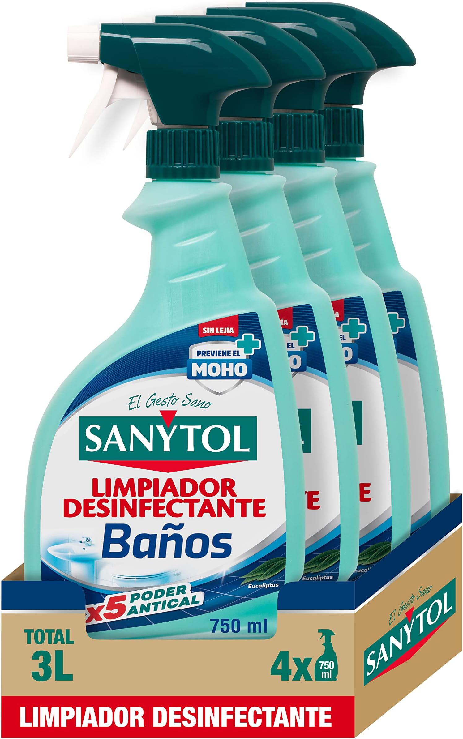 Anti-Limescale Disinfectant Cleaner Baths, Removes Bacteria, Fungus and Virus Without Bleach, Eucalyptus Perfume – Pack of 4 x 750 ml = 3L