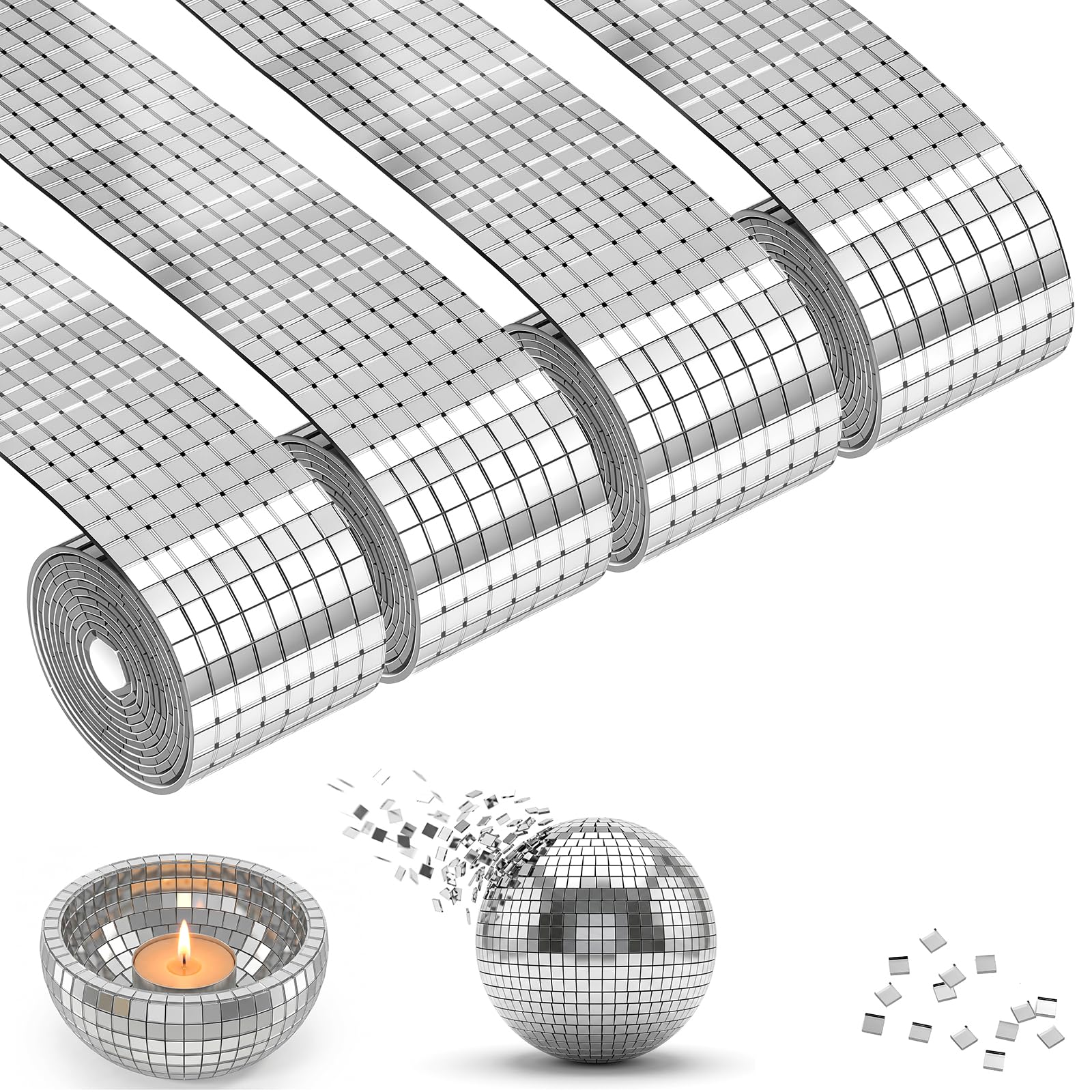 Aomig 6400PCS Self-Adhesive Mirrors Mosaic Tiles Small Square Sticker Mini Mirror Tiles 5mm * 5mm Mosaic-Stickers Disco Ball Mirror Roll Tiles for DIY Craft Home Decoration(Silver)