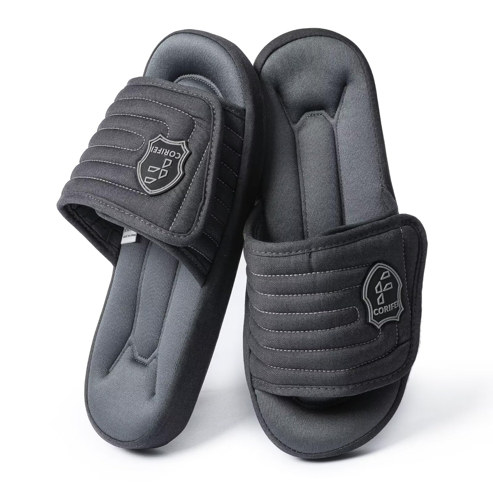 CORIFEI Slippers for Men, Indoor/Outdoor | Memory Foam | Adjustable | Rubber Sole | Striped Pattern