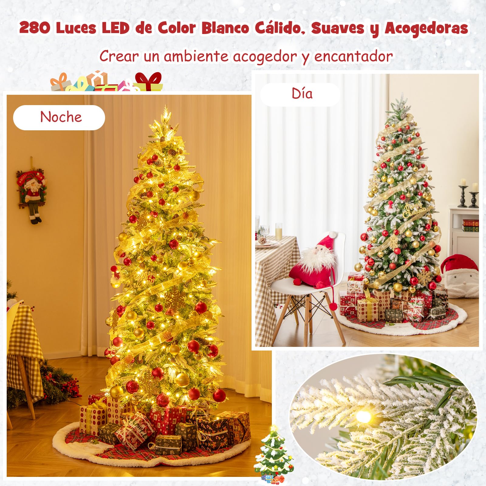 COSTWAY Arbol de Navidad Nevado 190 cm, 280 Luces Incorporadas, Arbol de Navidad Slim/Estrecho, 671 Ramas de PVC y PE, 60 Piñas, Arvore de Natal Hogar Oficina Fiesta (190cm)