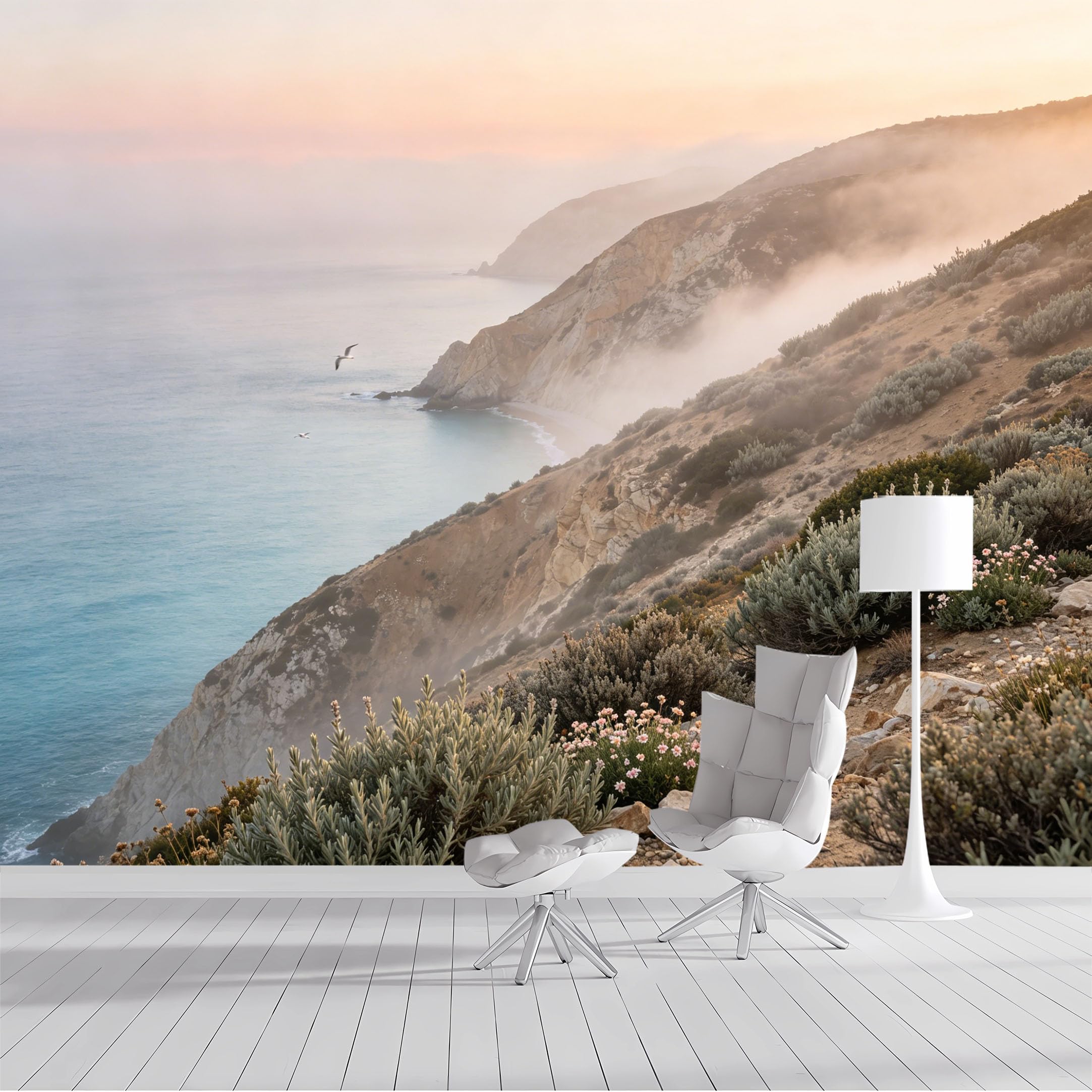 Custom Size Wall Mural Coastal Foggy Seascape Seagulls Romantic Landscape Oil Painting SelfAdhesive Wall Fabric Removable Peel and Stick Wallpaper Wall Decor for Living Room Bedroom Bathroom