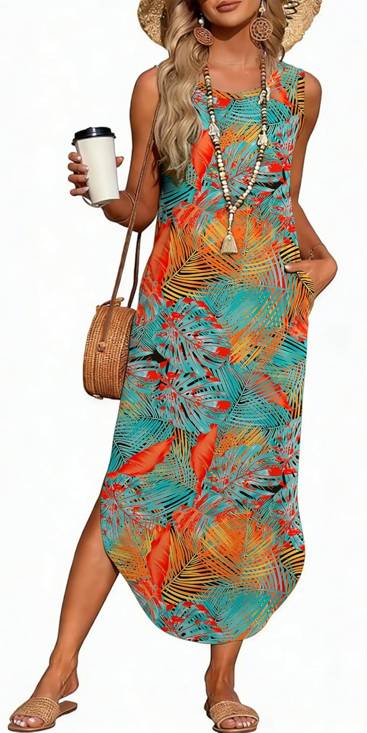 WIHOLL Summer Dresses for Women 2026 Hawaiian Beach Vacation Clothes Casual Sleeveless Maxi Long Sundresses with Pockets - Image 4