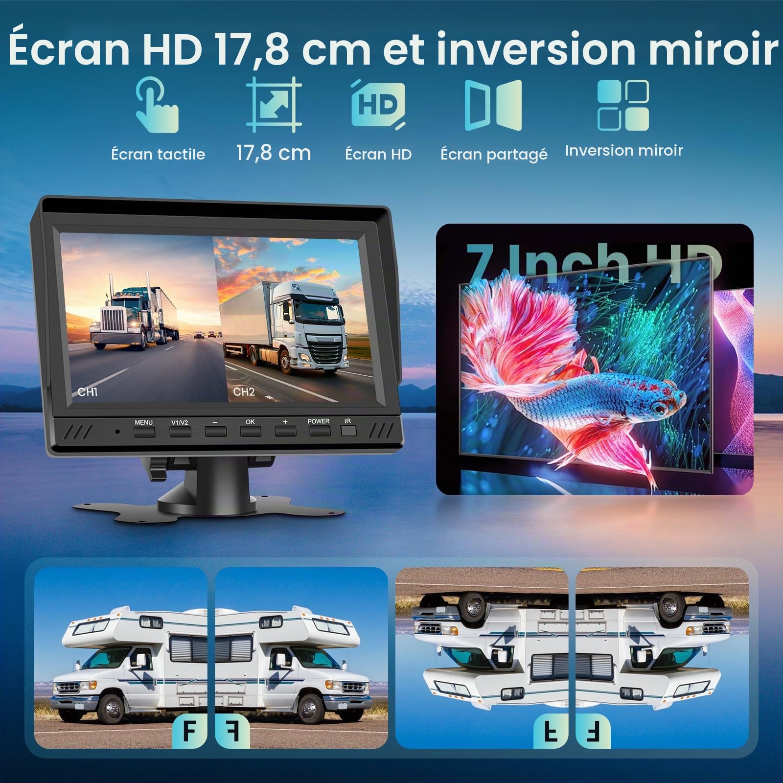 Hodozzy Caméra de Recul Kit, Ecran 7 Pouces HD Moniteur Filaire avec 2 Cameras Etanches Vision Nocturne Double Camera de Recul pour Voiture Filaire avec DVR pour Camion/Fourgon/Camping Car/Remorque