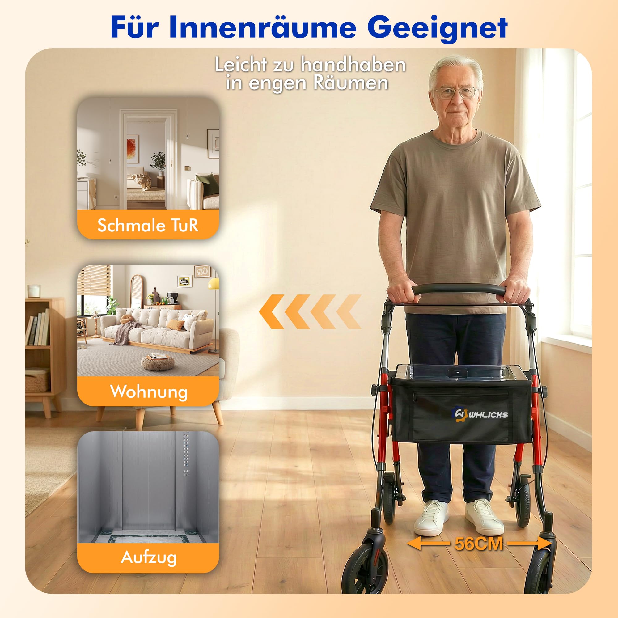 WHLICKS Rollator wąski do mieszkania, rollator wewnętrzny składany i lekki z tacą, pomoc w mobilności dla seniorów z aluminium, chodzik z koszem, zwrotny rollator mieszkaniowy