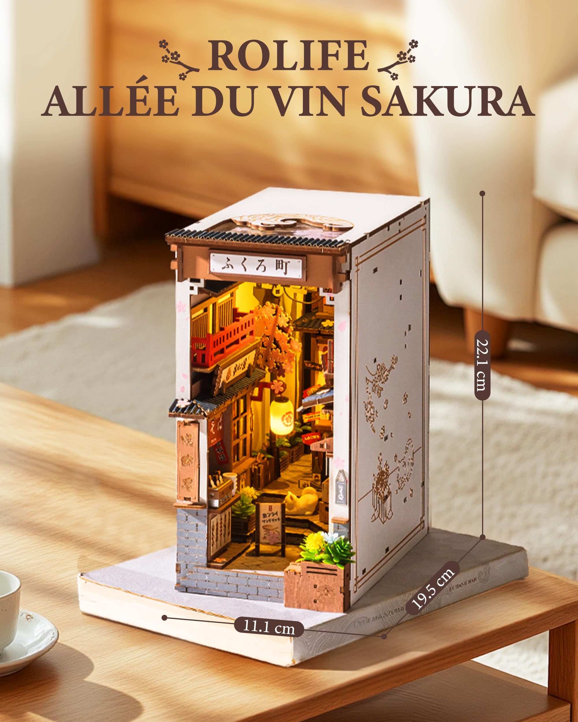 Rolife Book Nook DIY Maquette en Bois Adulte Lumières Allée des Vins de Sakura Puzzle 3D Miniature Maison Serre-Livres Diorama