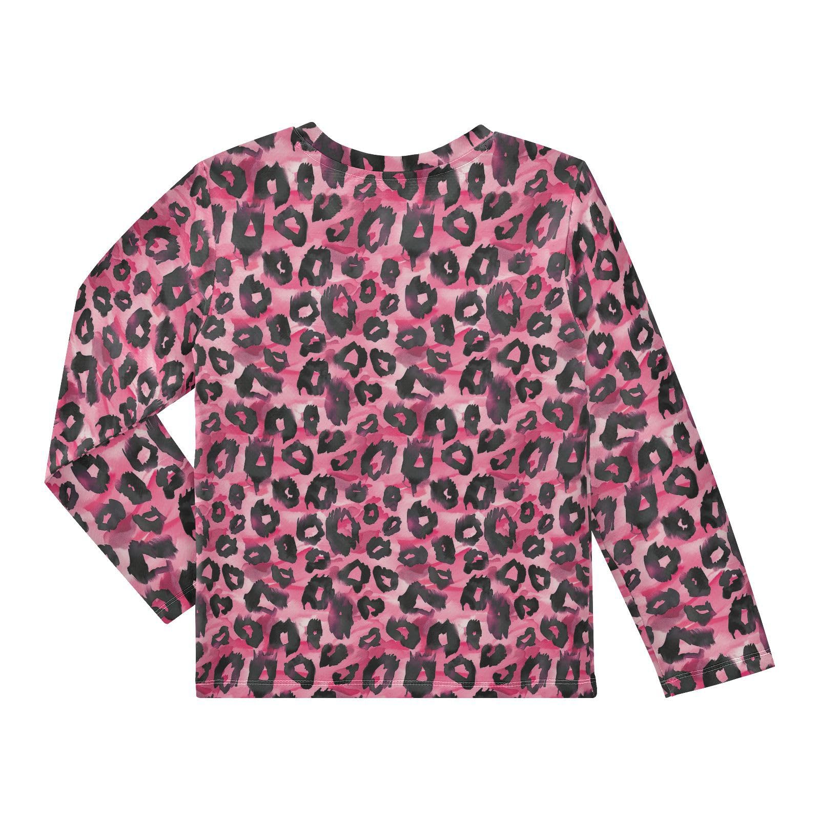 Pink Leopard Pattern Boys Rash Guard Swim Shirts Long Sleeve UPF 50+ Quick Dry Sun Protection Shirt Swimwear Surf Tops for Toddler Kid Girl Fishing Swimming Outdoor 7-8T