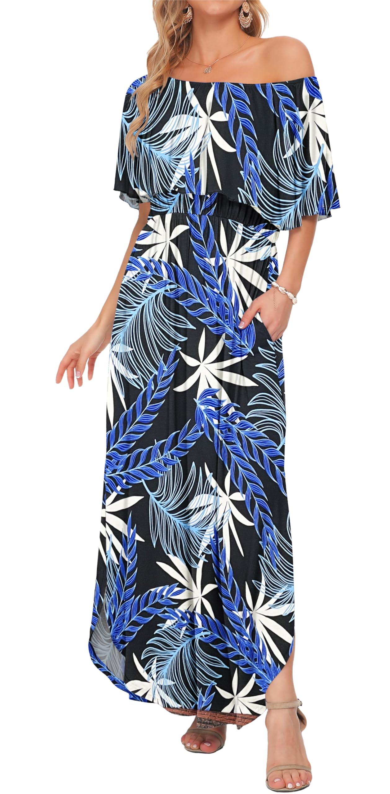 WNEEDU Womens Summer Dress 2025 Off The Shoulder Maxi Dress Ruffle Casual Swing Sundresses with Pockets