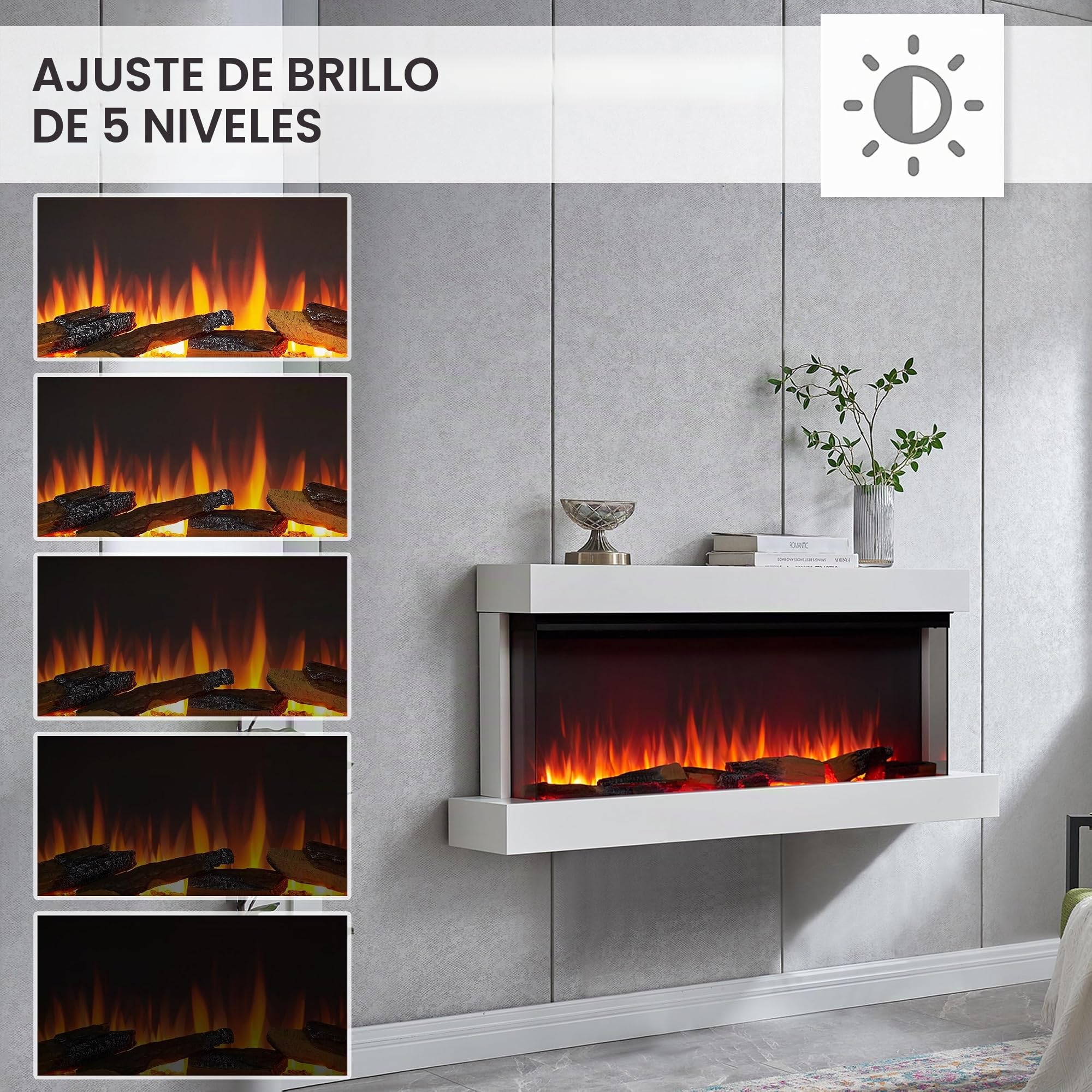 BALDERIA Achilles L - Chimenea eléctrica de Pared - Blanco | Calefacción 1500W, iluminación LED, WiFi, control por App, sonido de crepitación, mando a distancia
