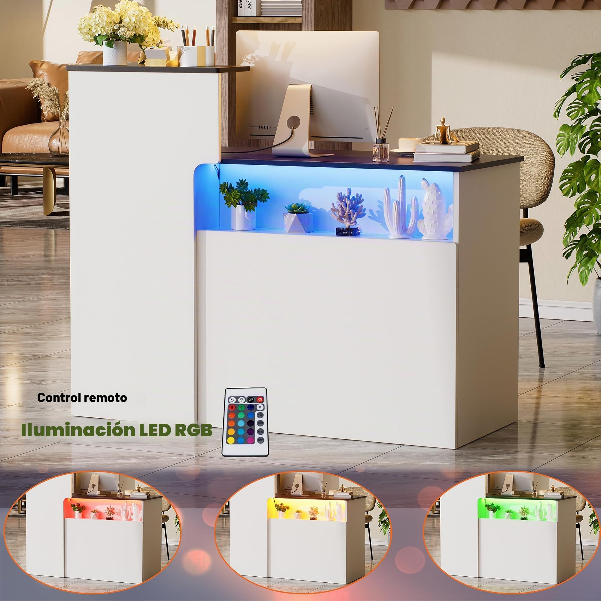 Mostrador de Recepción con iluminación LED Mostrador Basic con cajón para Teclado Escritorio de Recepción Moderno Mueble de recepción con Cajón y Armario Mostrador de Venta Blanco y Negro 50*120*100CM