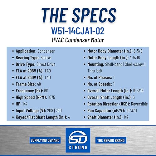 Miniatura 2 de Supplying Demand W51-14CJA1-02 Motor condensador HVAC 1/4 HP 1 Fase 1 Velocidad 208/230V 1075 RPM debe coincidir con las especificaciones del motor
