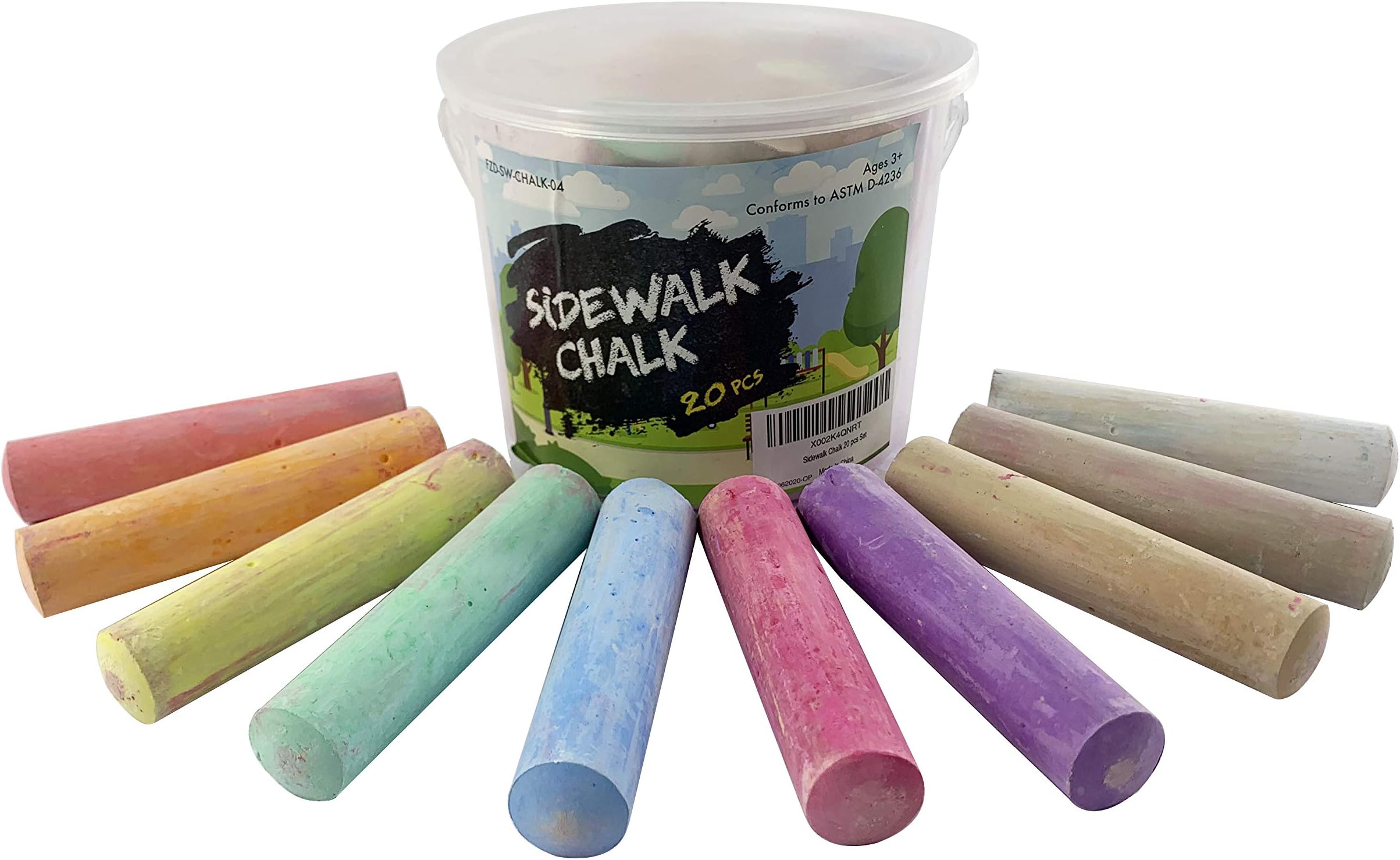 Sidewalk Chalk Set โ Pack of 20 Multi-Color Jumbo Street Chalks โ 20 Bright & Cheerful Colors โ Nontoxic, Washable Tapered Chalks for Teachers and Schools - 1 x 4 Inches -