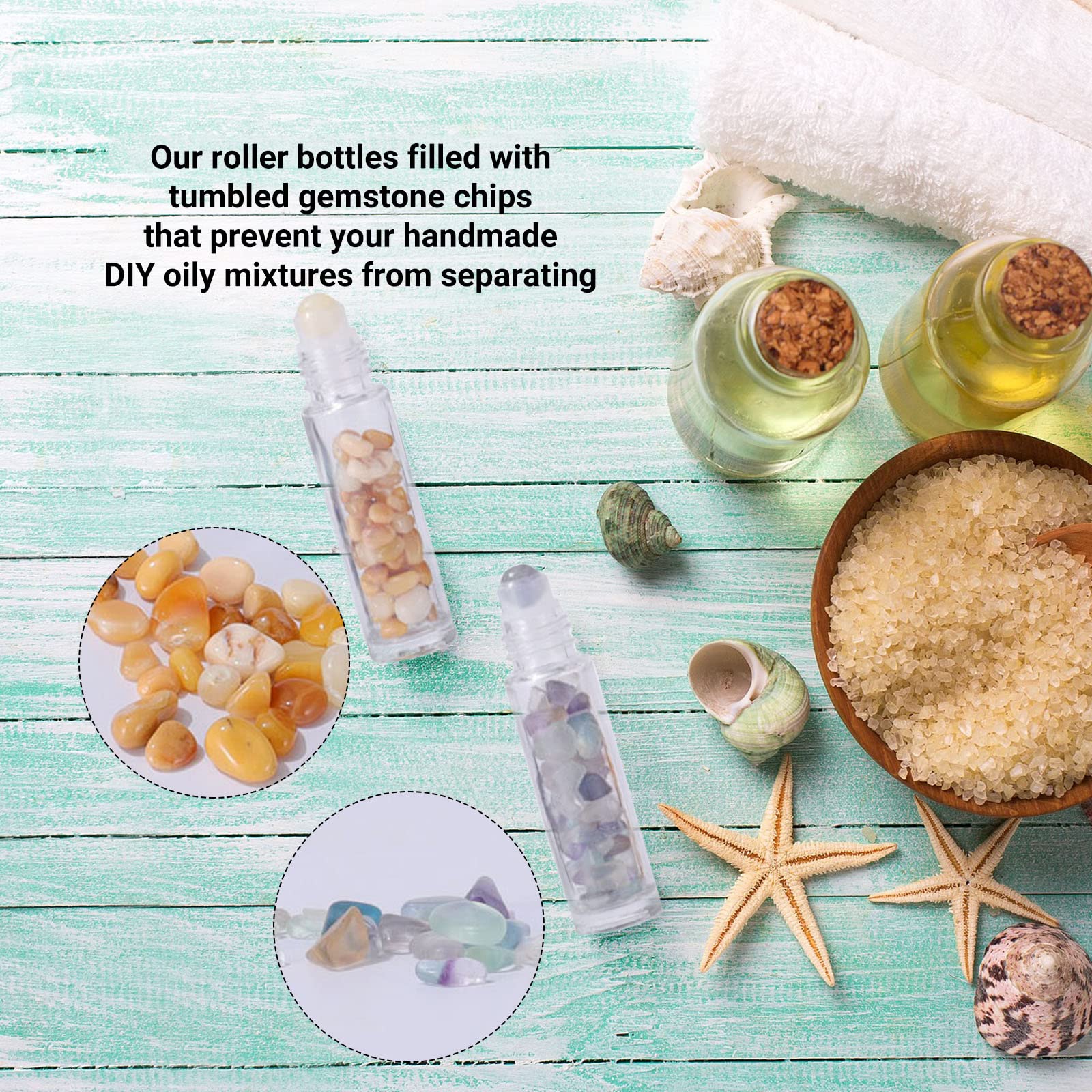 10 Ätherische Öle Roller Flaschen 10ml - Mit Edelsteinen & Glas Kugel