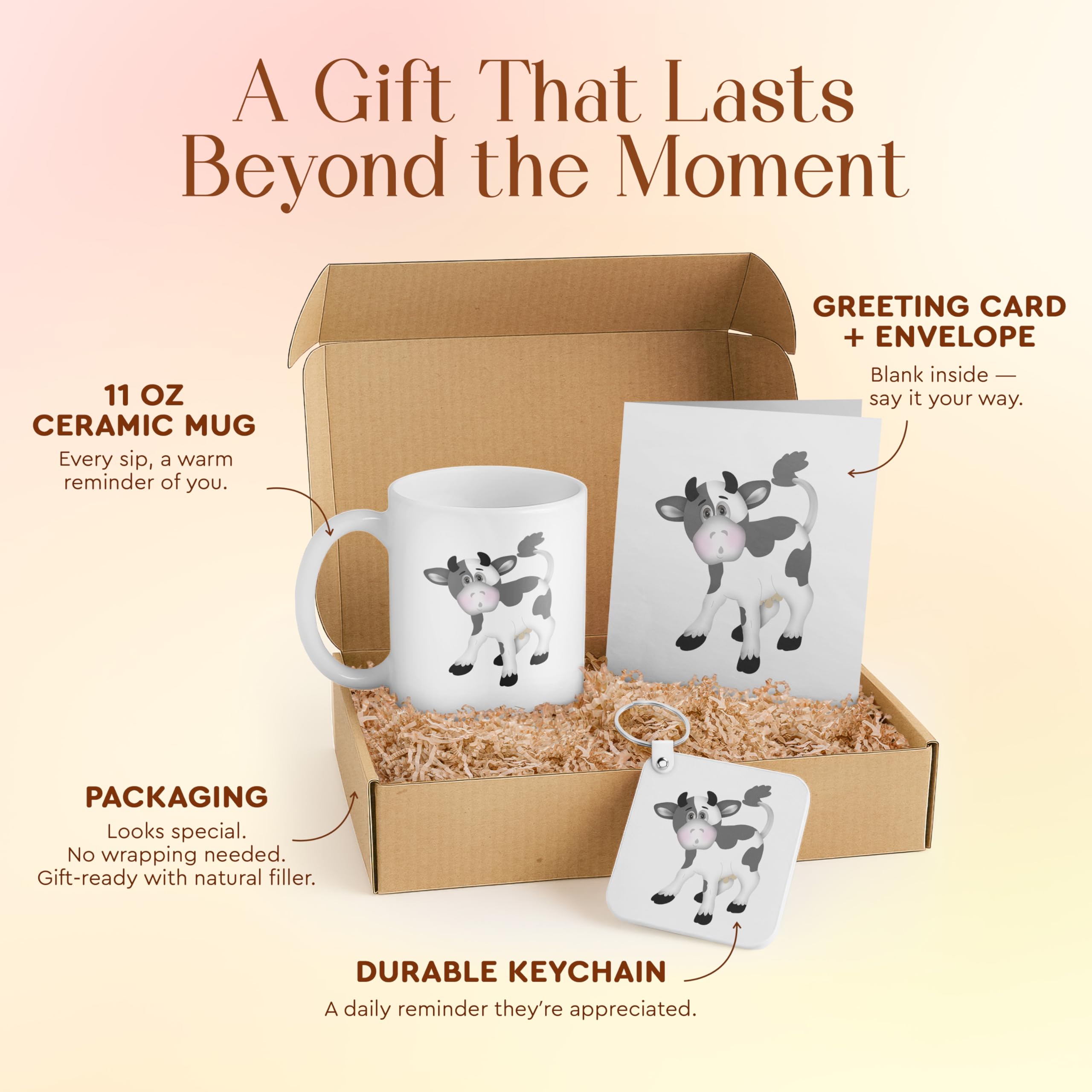 3dRose Cute Cow Gift Set for Animal Lovers - Includes Mug, Keychain, and Card - Ideal for Kids, Birthdays, or Teacher Appreciation