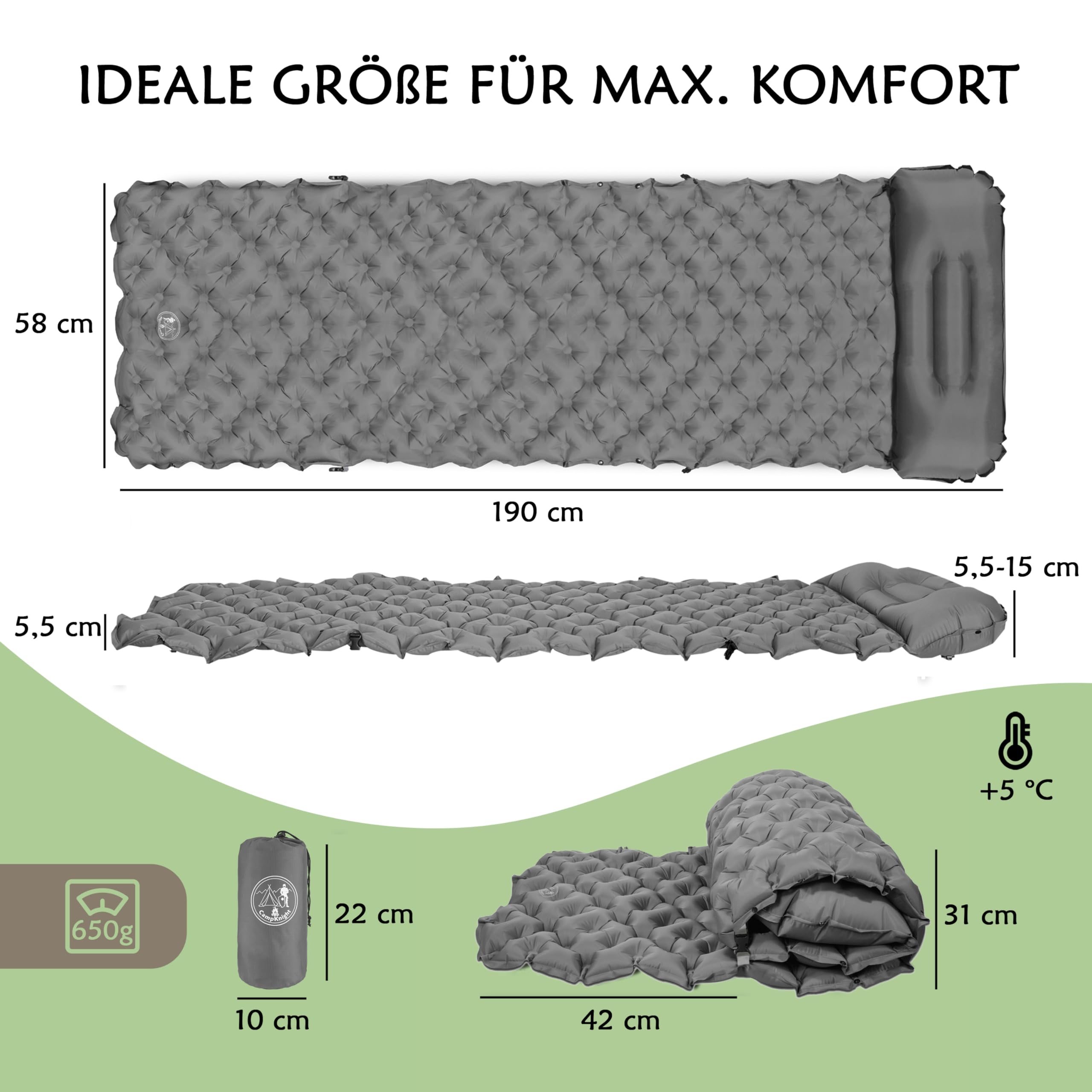 2-in-1 Isomatte für Outdoor und Camping + Ultraleicht und Kleines Packmaß + Bequem Schlafen und Sitzen + Einstellbares Kopfkissen