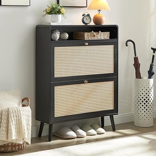 Miniatura 9 de Hommoo Gabinete de almacenamiento de zapatos de ratán con 2 puertas abatibles, armario estrecho de madera para zapatos con estantes ajustables,