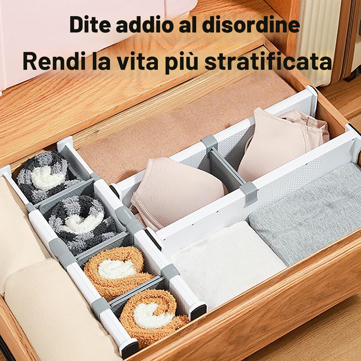Divisori per Cassetti Cucina，Divisori per Cassetti Regolabili,Confezione da 5,Separatori Per Cassetti Lunghezza Regolabile 37,5-54 cm, Altezza 10 cm,Camera da Letto, Cassettiera, Ufficio