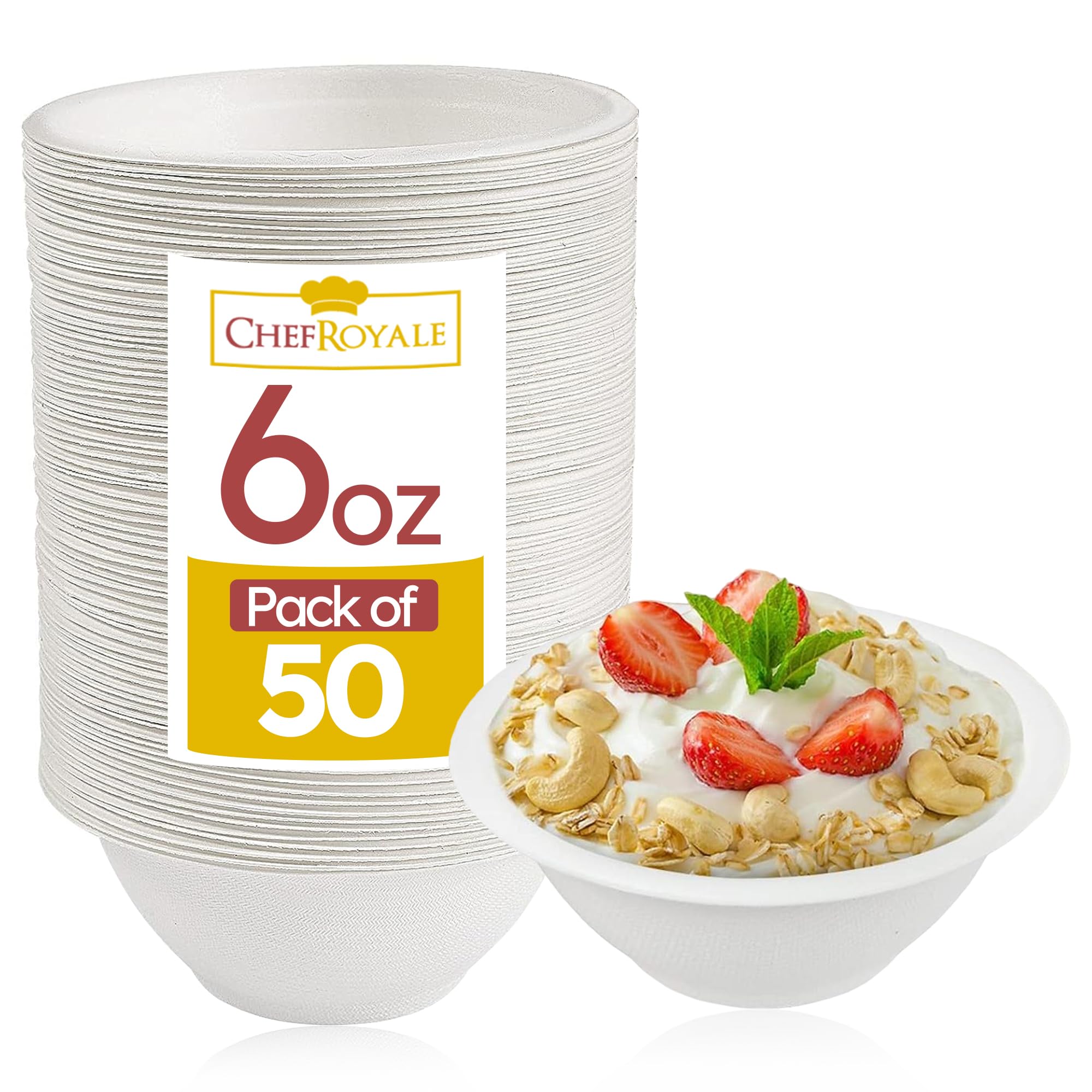 50 Pack Strong Paper Bowls – 170ml/6oz Disposable Sugarcane Bagasse Bowls for Party – Eco-Friendly Microwavable Soup Bowl for Dessert Milk Salad Cereals – Perfect for Birthdays Christmas Wedding