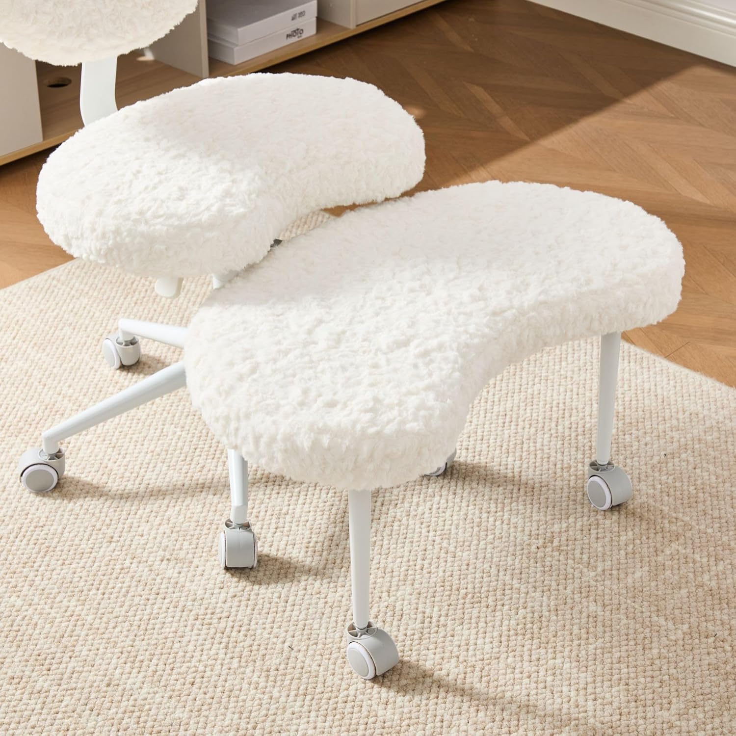 Meditation Chair Plus, Cross Legged Chair with Wheels, Adjustable Height, ADHD Kneeling Seat Criss Cross Desk Chairs with Adjustable Stool, Flexible Design for Fidgety Sitters, Beige Faux Fur