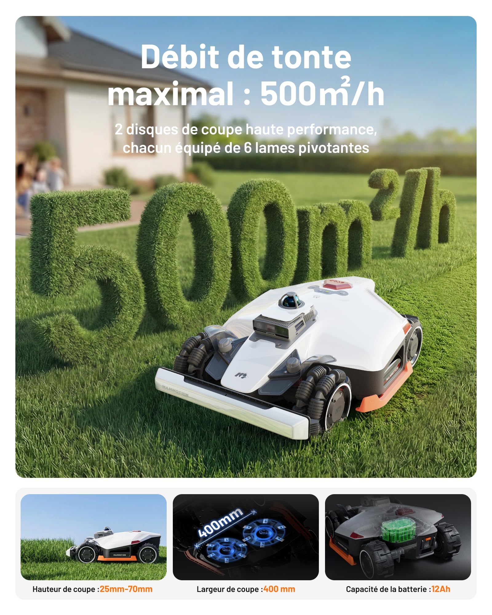 Mammotion LUBA 3 AWD 3000 Robot Tondeuse avac Garage Standard, Positionnement Tri-Fusion 360° LiDAR+NetRTK+AI Vision, 80% pentes, Gestion multizone jusqu'à 30 Zones, Hauteur de Coupe 25-70 mm