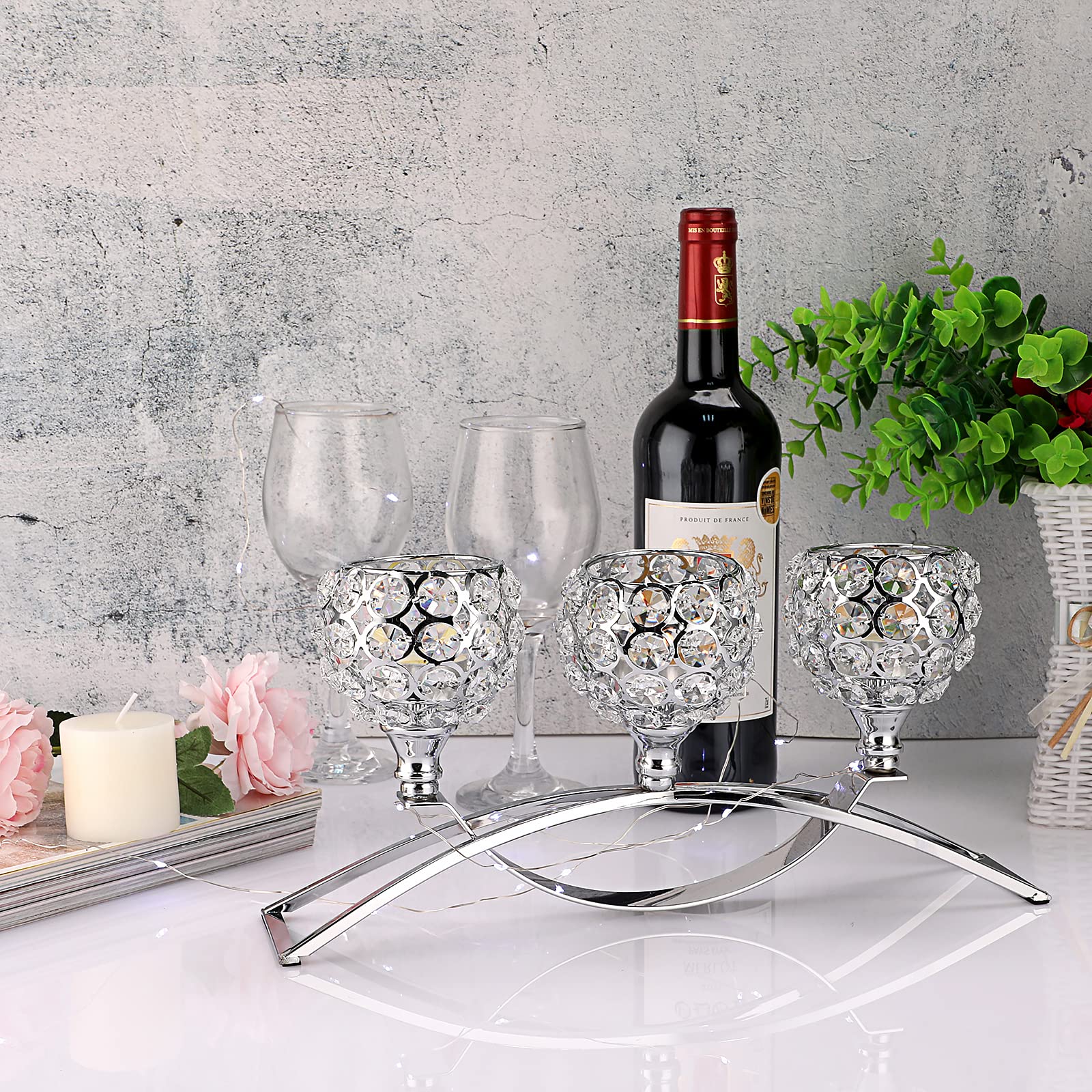 SUMNACON Bougeoir décoratif à 3 bras en cristal argenté - Pour Noël, Halloween, mariage, dîner, maison, bureau