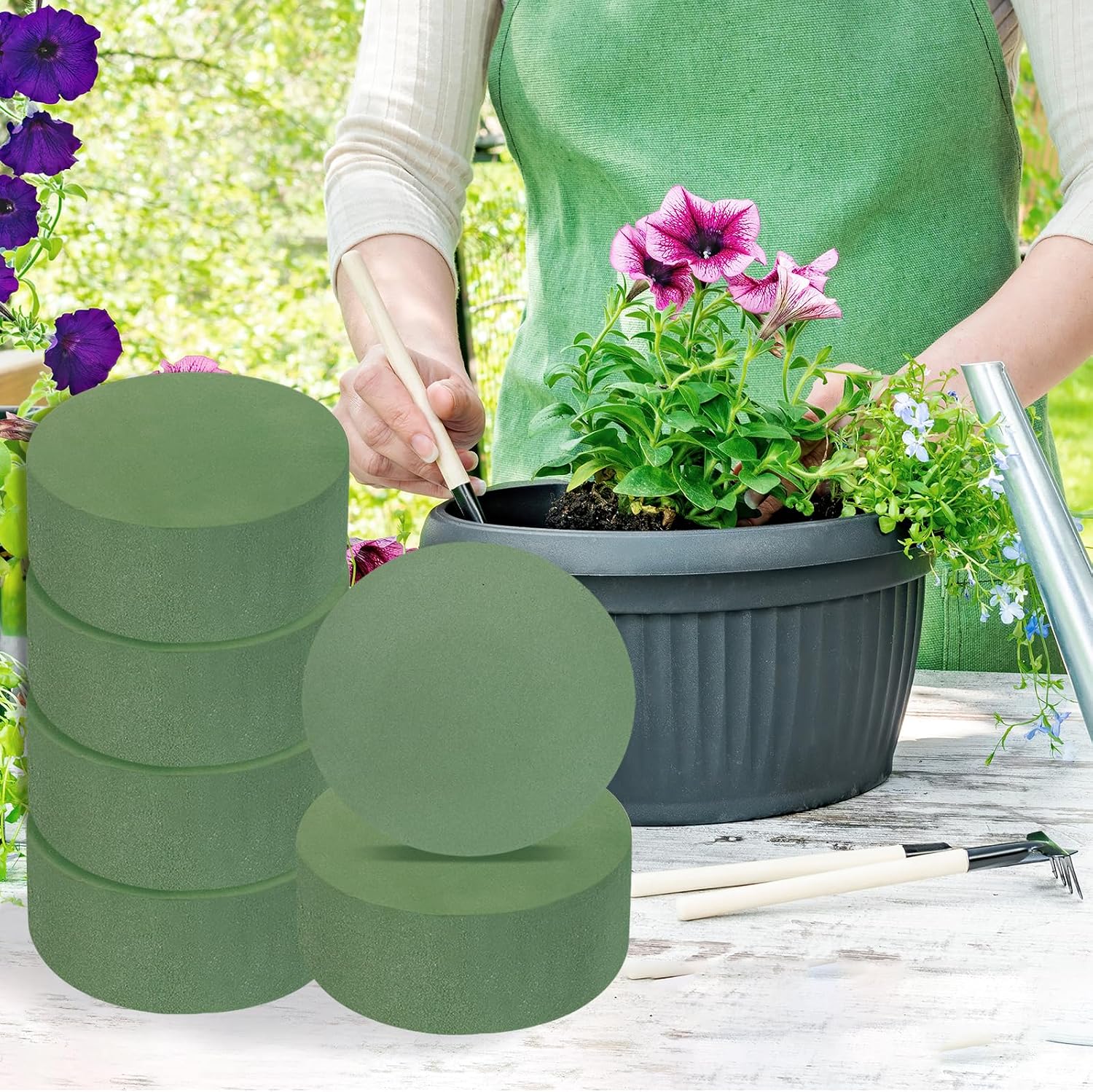 MECCANIXITY Floral Foam Block Round 7.9 x 3 Inch Dry or Wet Flower Foam Bricks for Flower Arrangements Wedding Birthday Party Decorations Green, Pack of 6