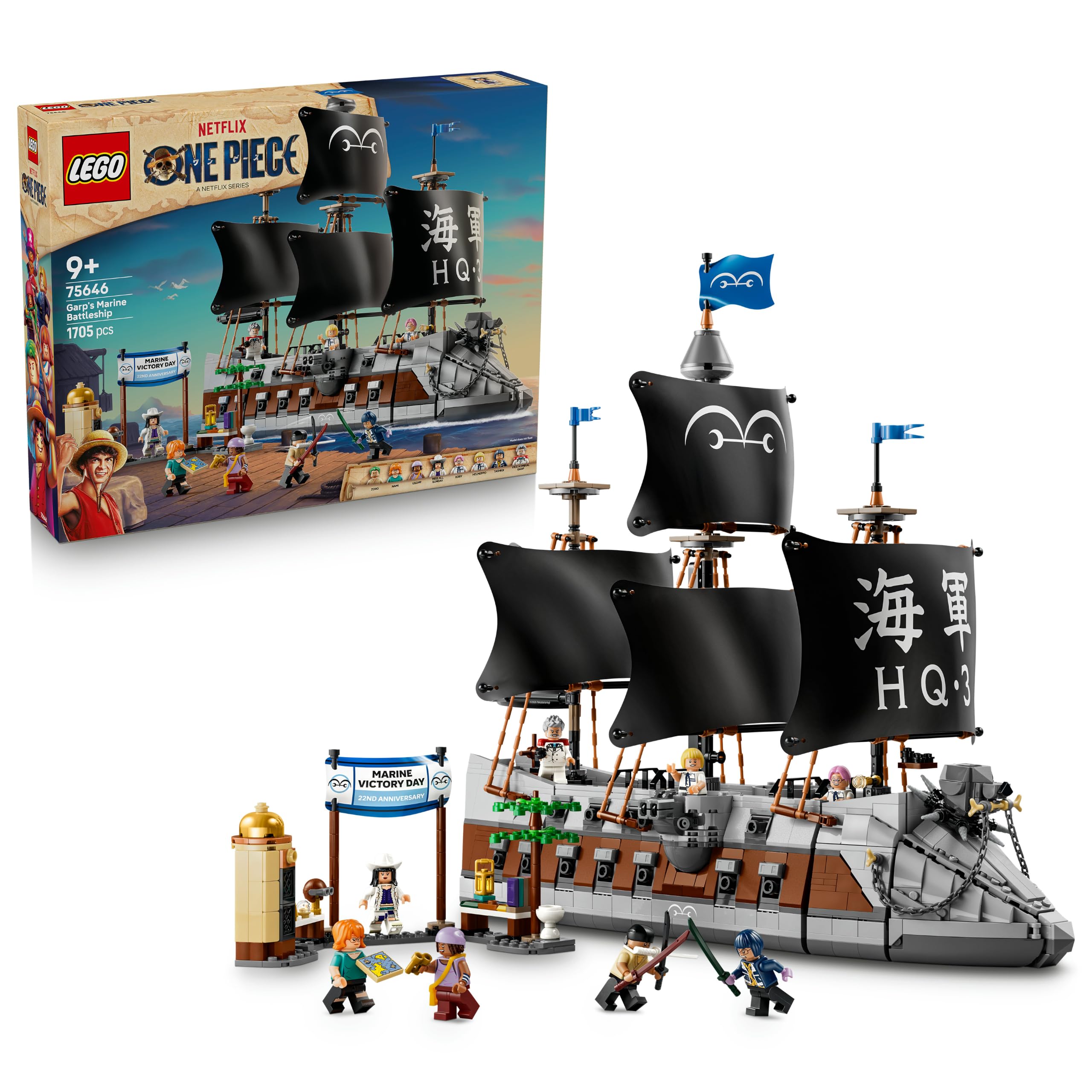 LEGO ONE PIECE Garp's Marine Battleship Toy - Boat Model Kit w/ 8 Minifigures incl. Zoro, Usopp & Nami - Kids' Room Decor - Gift for 9+ Year Old Boys, Girls & Fans - 75646