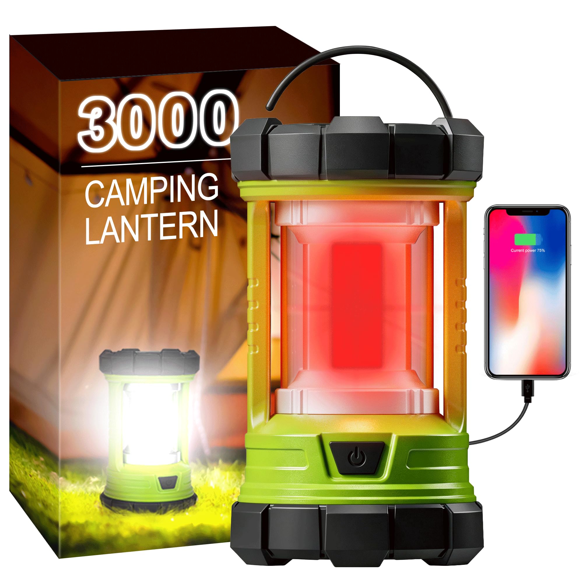 Linterna de camping LED, COB recargable batería 3000LM, 4 modos de luz, linterna impermeable, luz de tienda perfecta para cortes de energía, huracán, supervivencia, senderismo