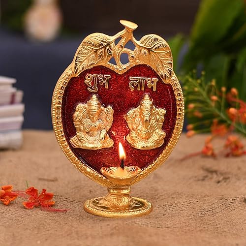 CraftVatika Laxmi Ganesh Ídolo Diya Estatua de la lámpara de aceite - Metal Oro Acabado Diya Lámpara de aceite Hindú Lakshmi Ganesha Showpiece Shubh disponible en Yaxa Peru