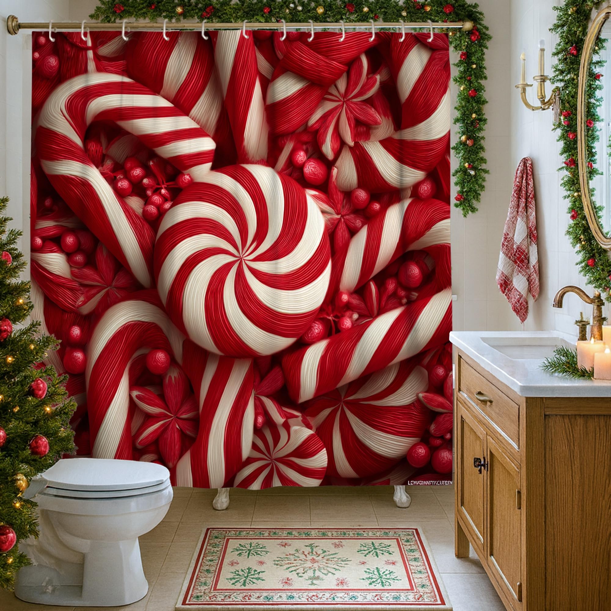 Candy Cane Shower Curtain, Red and White Christmas Bathroom Decor, Festive Holiday Modern Style Waterproof Fabric Shower Curtain with Hooks 72x84 Inch