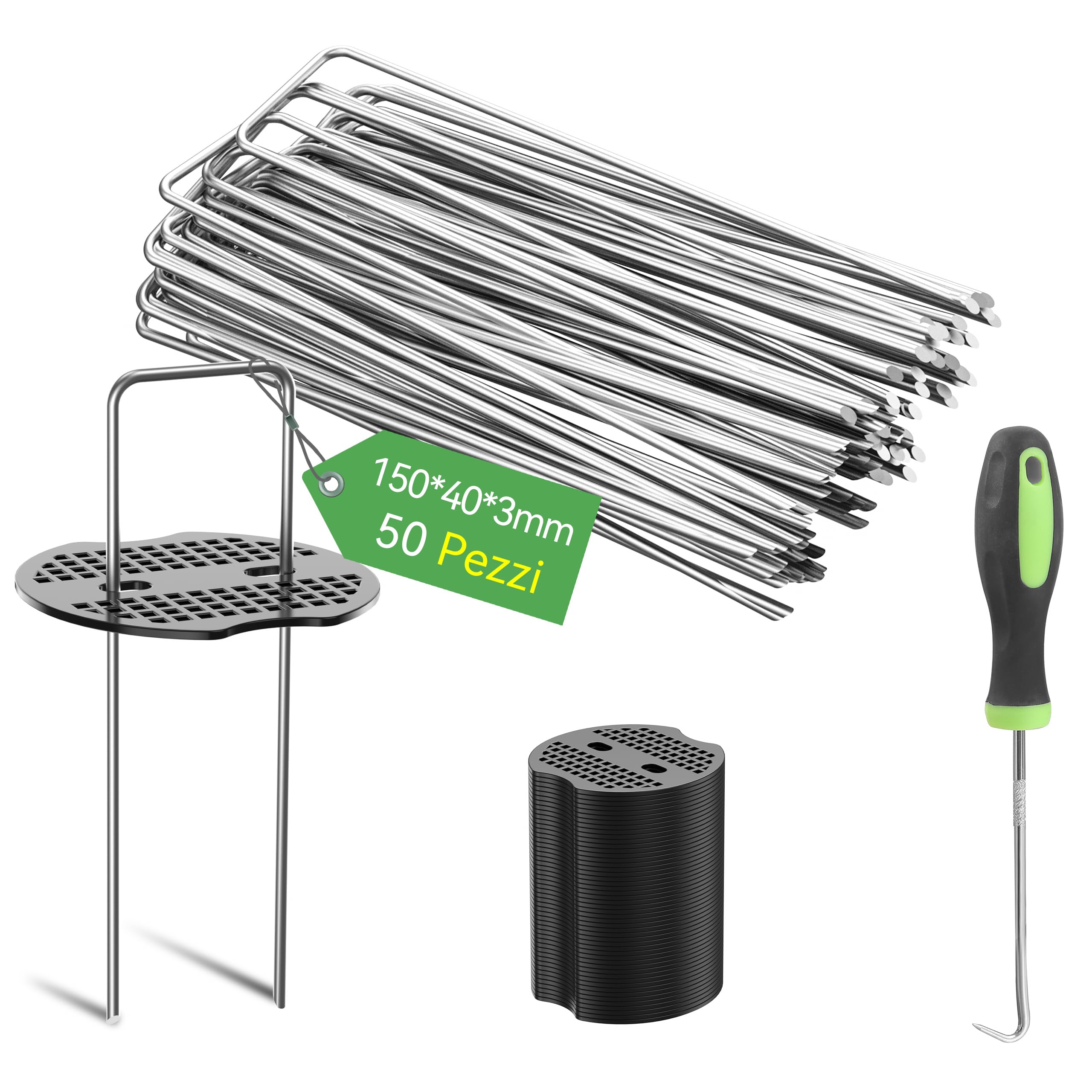 50 Pezzi 15cm Ø 3mm Spilli da Giardino Resistenti con 50 Pezzi di Guarnizione - Chiodi in Acciaio Zincato per Fissare Paletti per Ancorare Tessuto Antierba Reti e Tubi con 1 Uncino a Punta