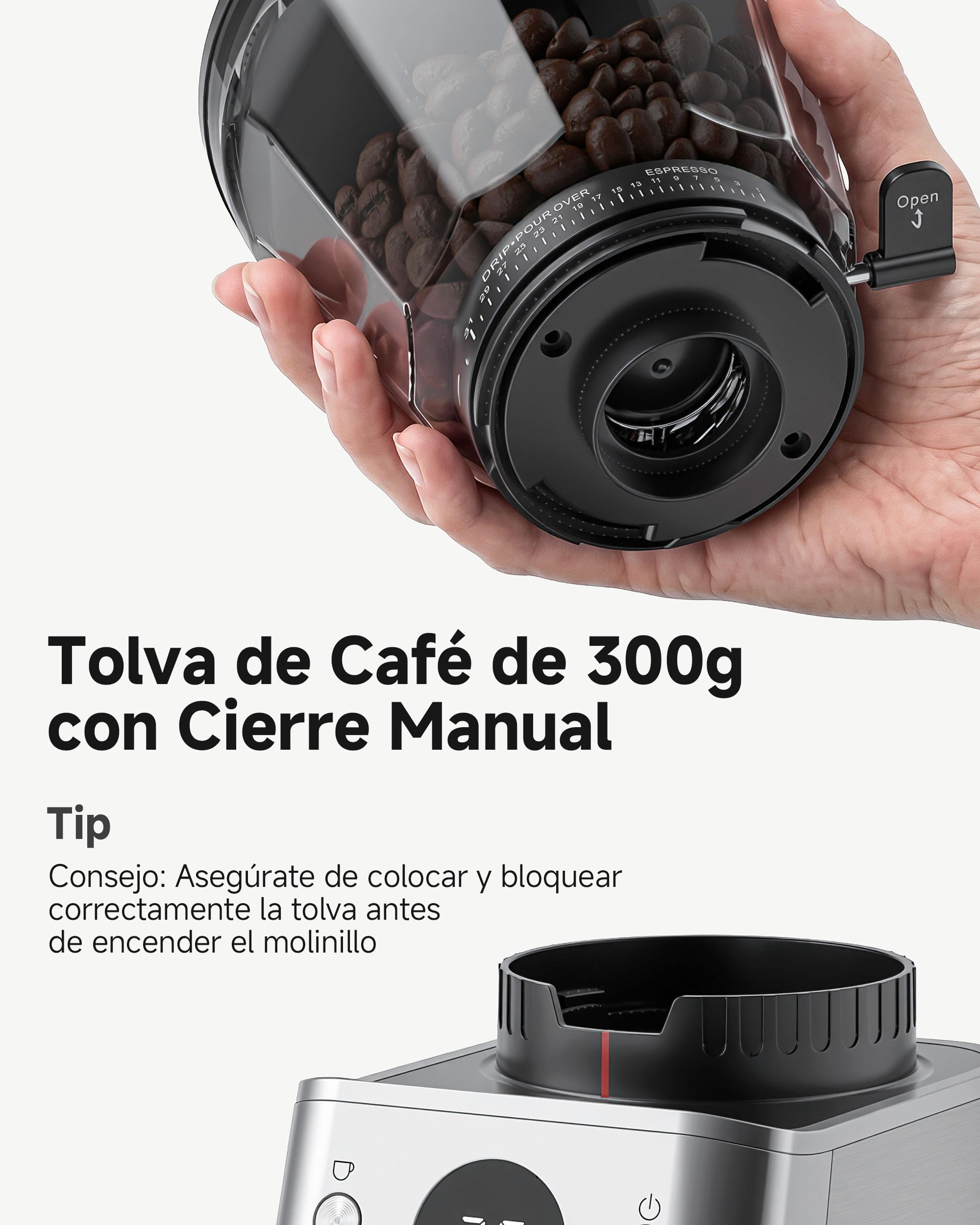 AAOBOSI Molinillo de Café Eléctrico, 45 Niveles, Muelas Cónicas de Acero | Sistema Antiestático Plasma, memoria, tiempo/tazas programables, depósito de 300 g, para espresso y café filtrado