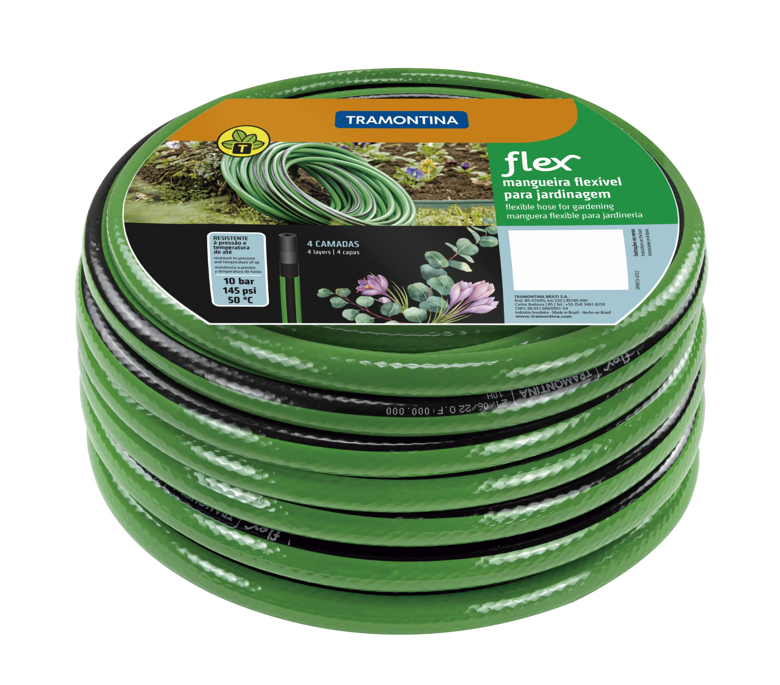 Tramontina 15m Flex Garden Hose in Green with 4-Layers PVC Fiber and Braided Polyester Cord with Black Stripe