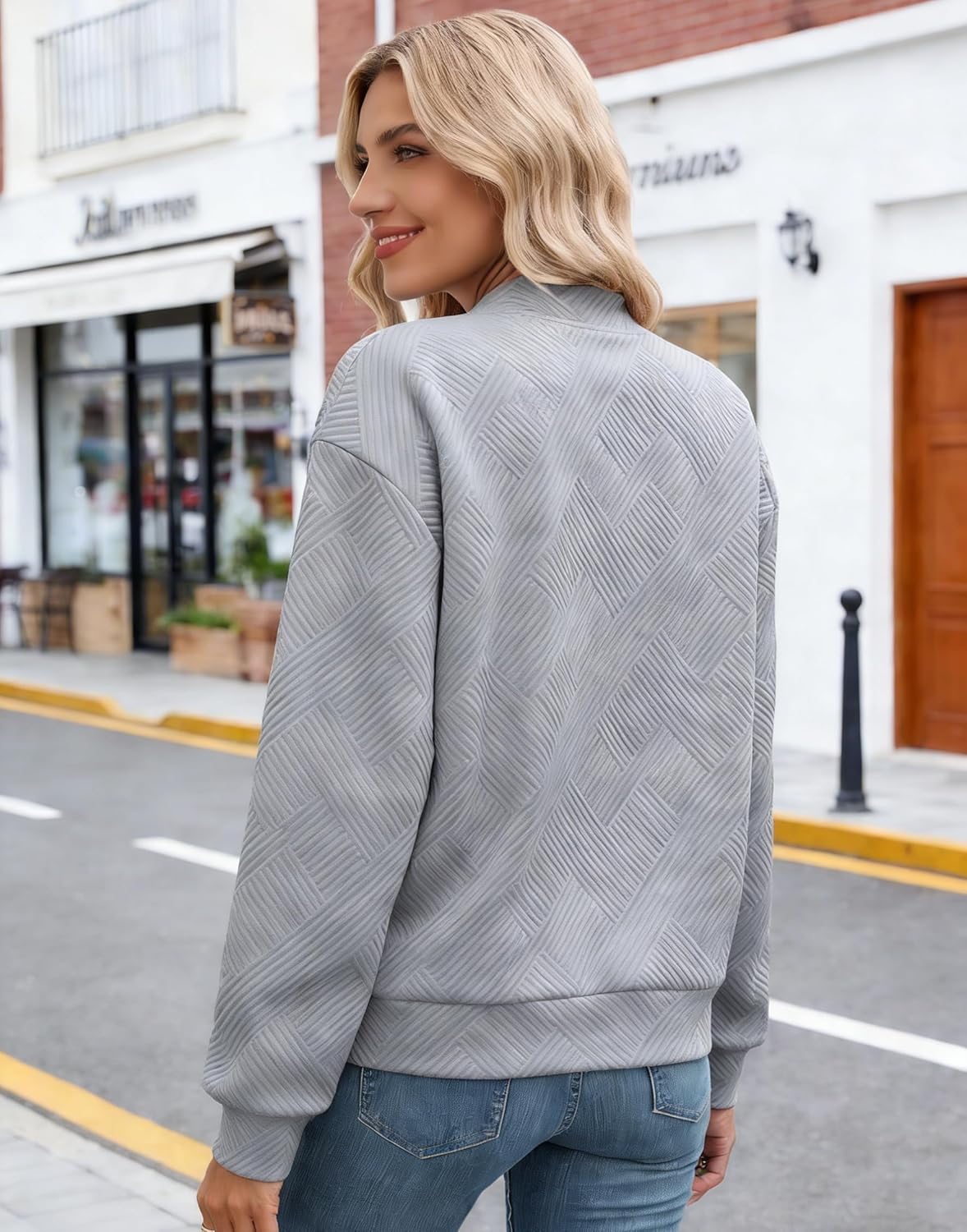 Schine Women's Lightweight Textured Bomber Jacket - Zip Front Crew Neck Loose Fit Long Sleeve Comfortable Casual Outerwear - Image 3