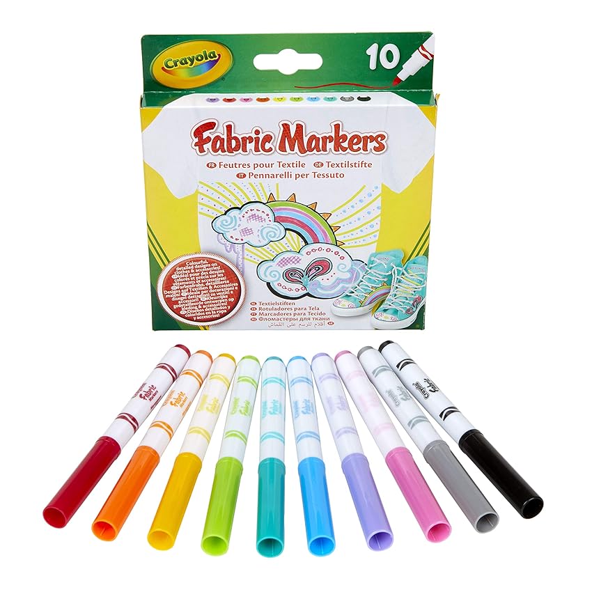Crayola – Pennarelli per tessuti, 10 pezzi, rosso, rosa, arancione, giallo, violetto, verde chiaro, blu, azzurro, grigio, nero, Per decorare magliette e oggetti in tessuto, 58-8633