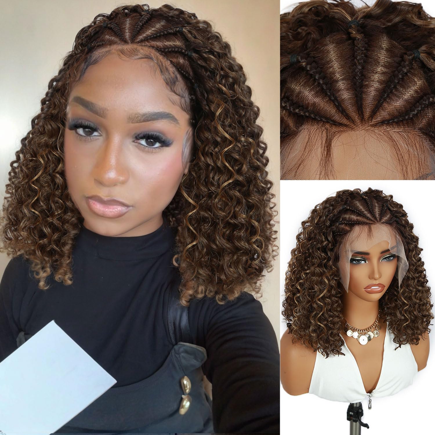 Fancy Hair Braided Wig Cornrow with Curly Hair Wig HD Lace Front Wig with Baby Hair Pre Plucked Glueless Transparent 13x4 Inch Brown Mixed Blonde Wig