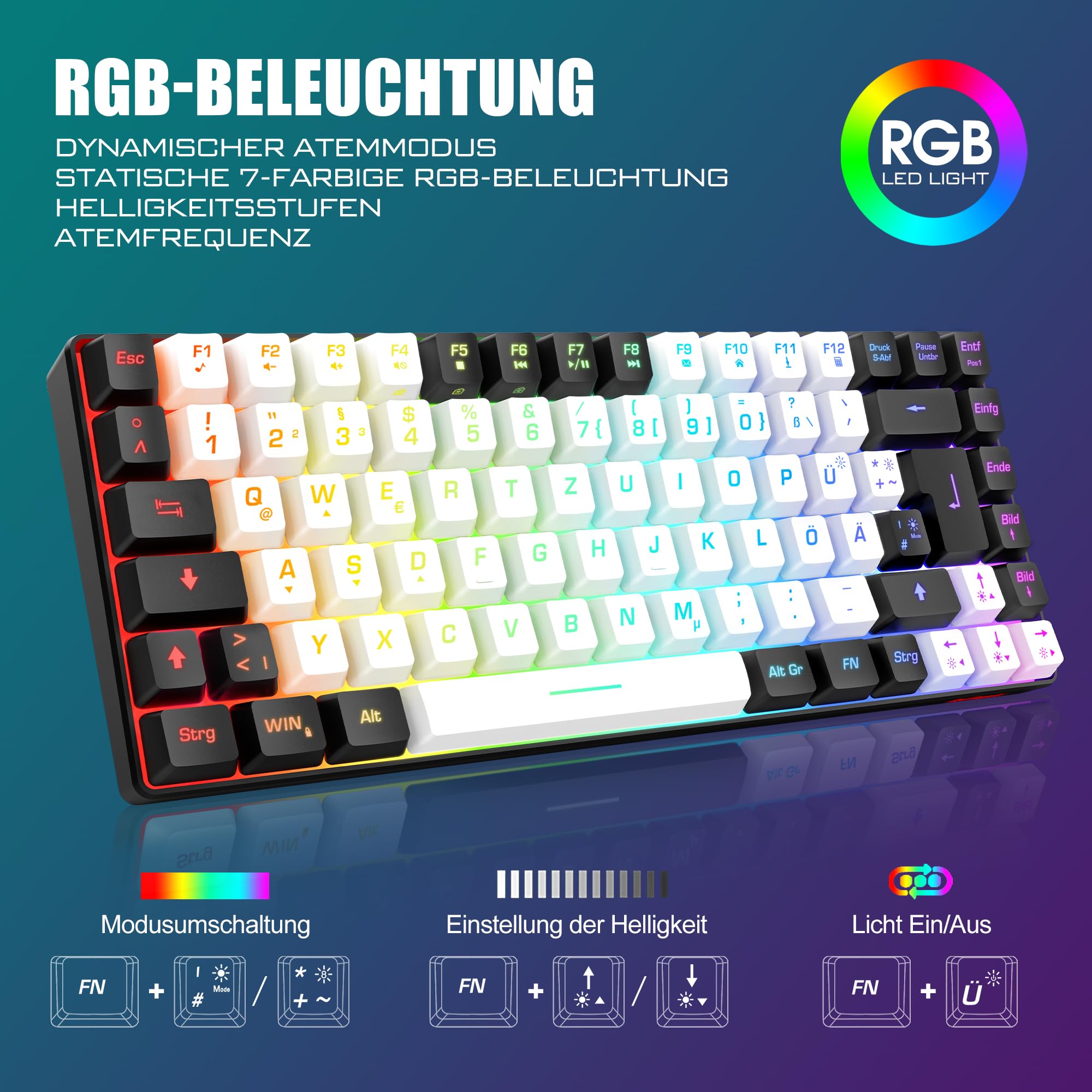 RedThunder 75% Wireless Gaming Tastiera e Mouse Set, DE TKL Layout, 85 tasti, Ricaricabile Compatto, Mouse Ultraleggero 7200DPI con Costruzione Honeycomb per PC Mac PS5 Xbox Gamer (Bianco-Nero)
