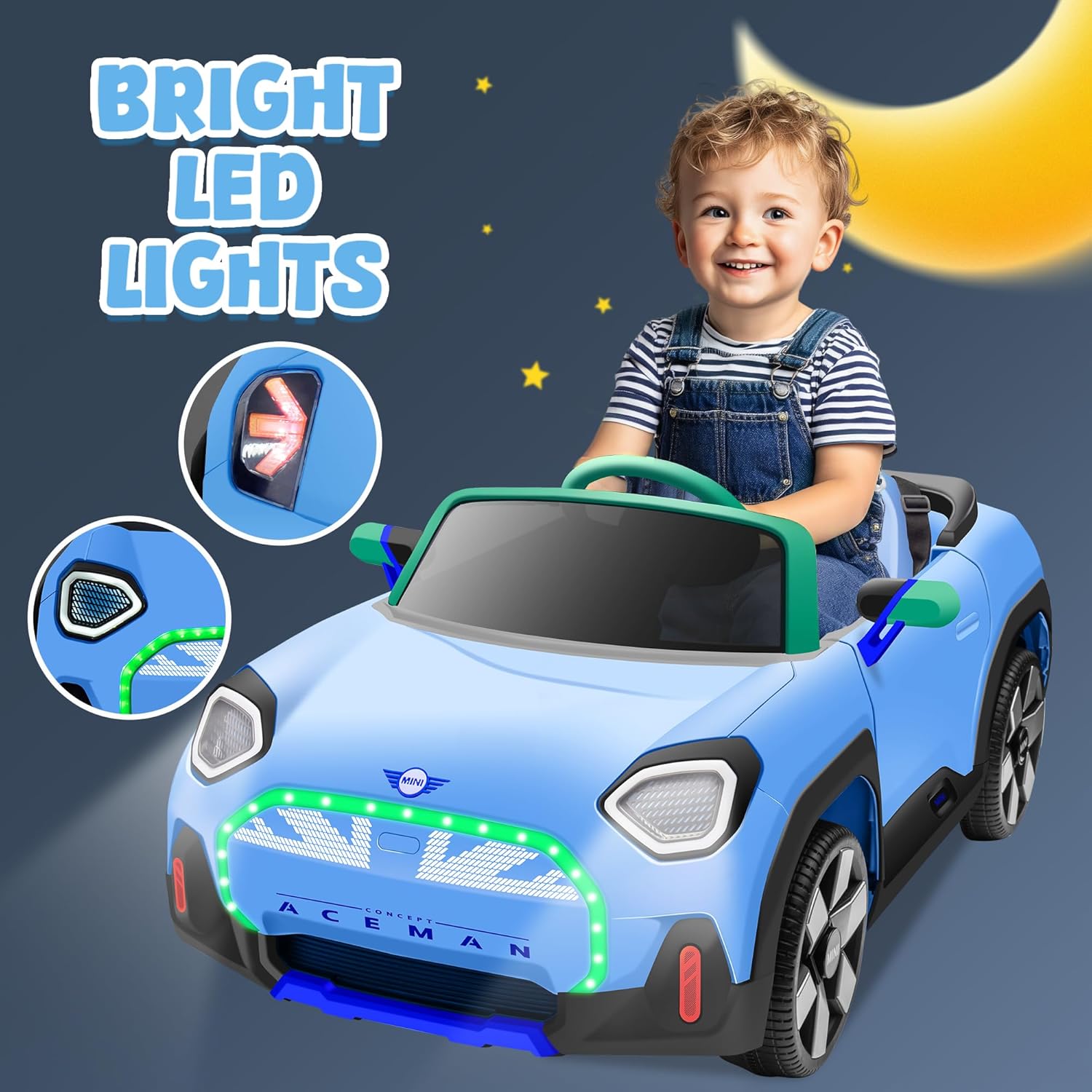 XCAR 12V Kids Electric Car, Power Wheels with Remote Control, Ride on Car Toys with LED Light, 3 Speeds, Light Blue