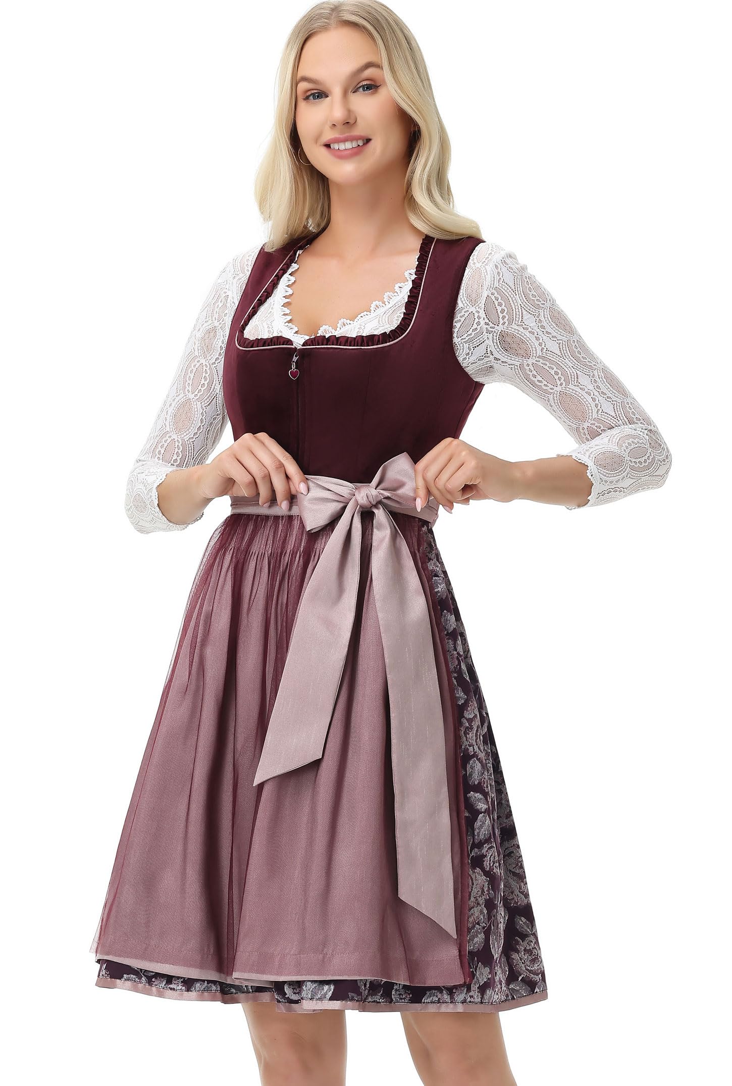 TrendiMax Damen Midi Dirndl - Elegante vestido tradicional tirolés de terciopelo para Oktoberfest con delantal tirolesa 34-46