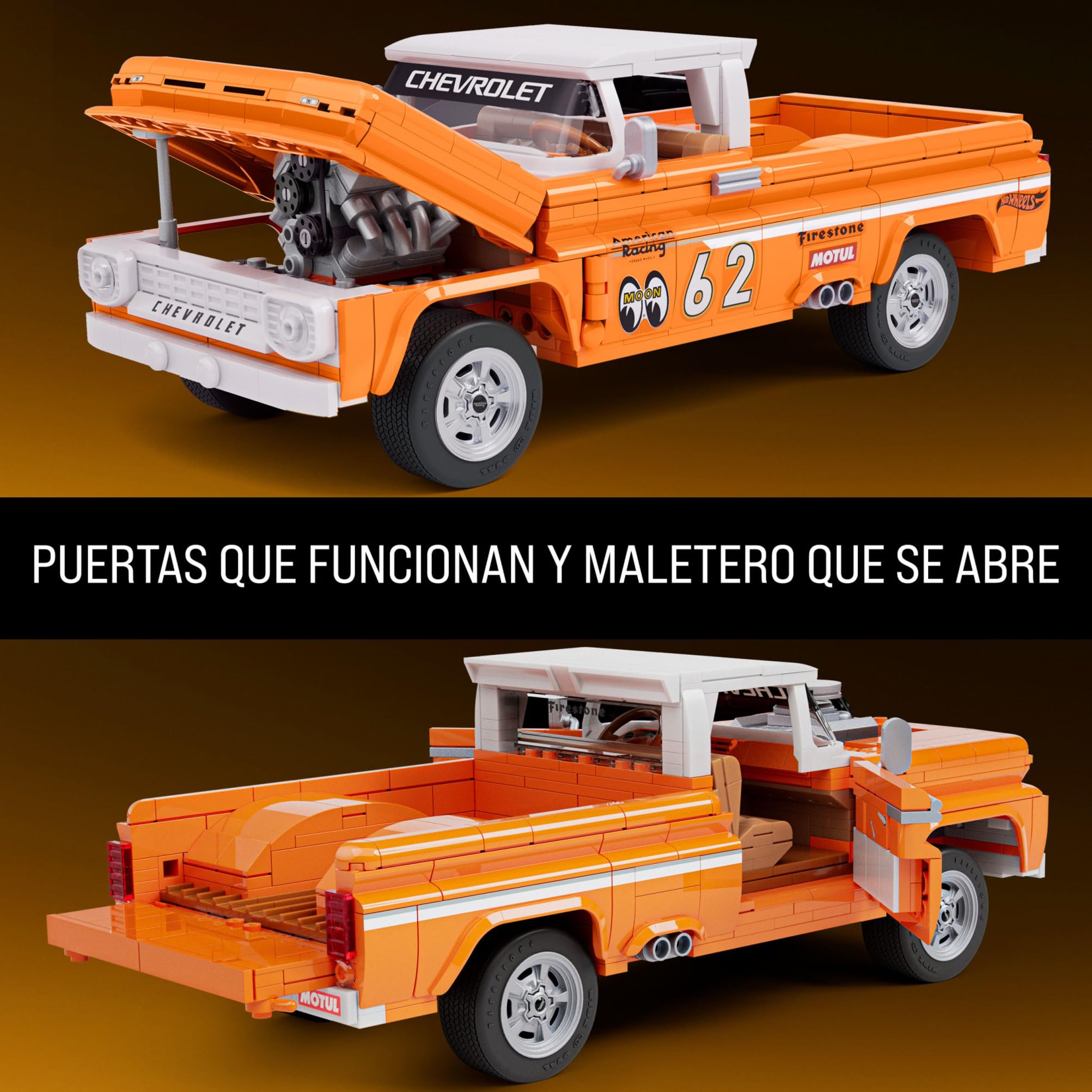 Mattel Brick Shop Hot Wheels Camioneta Custom '62 Chevy con 858 piezas, detalles realistas y pegatinas para personalizarlo, para adultos coleccionistas y niños y niñas a partir de 10 años, JFT20