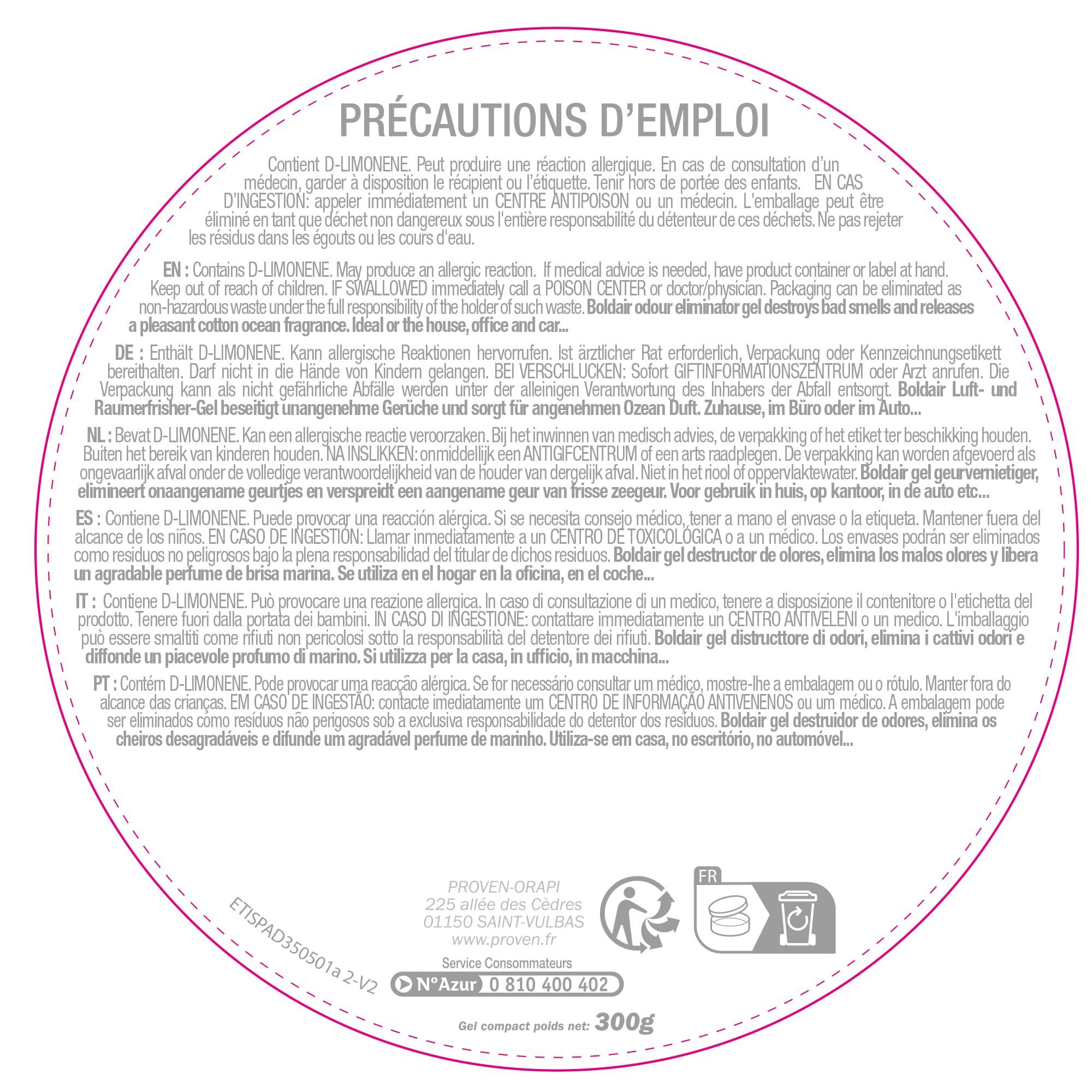 BOLDAIR - Gel eliminador de olores Marino - Neutraliza los olores - perfuma - Producto en gel sólido - Múltiples aplicaciones - 8 semanas de duración - 300 g - Fabricado en Francia