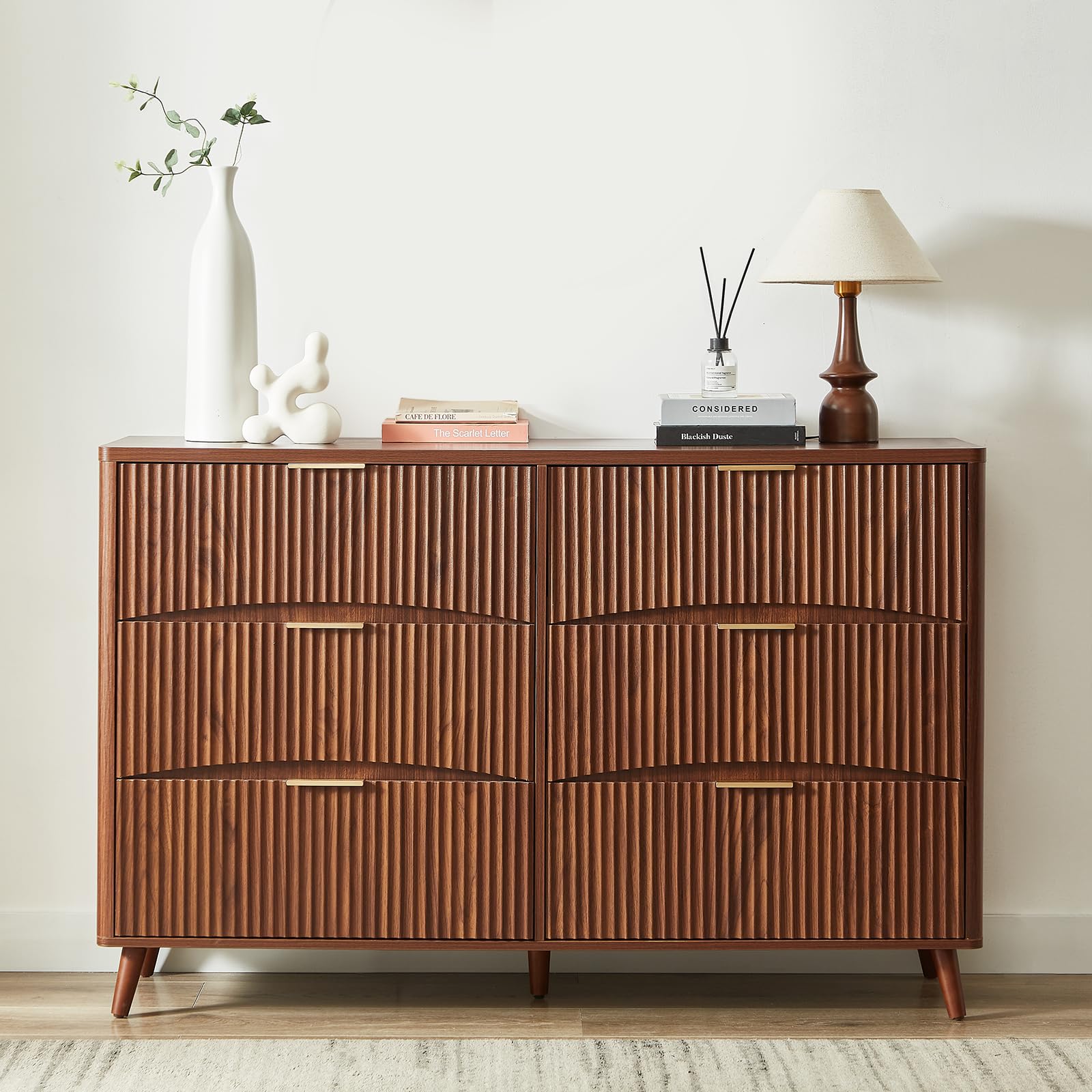 Evermagin Fluted 6 Drawer Dresser 54" Wide, Mid Century Modern Curved Dresser, Light Wood Chest of Drawers for Bedroom, Living Room and Entryway,